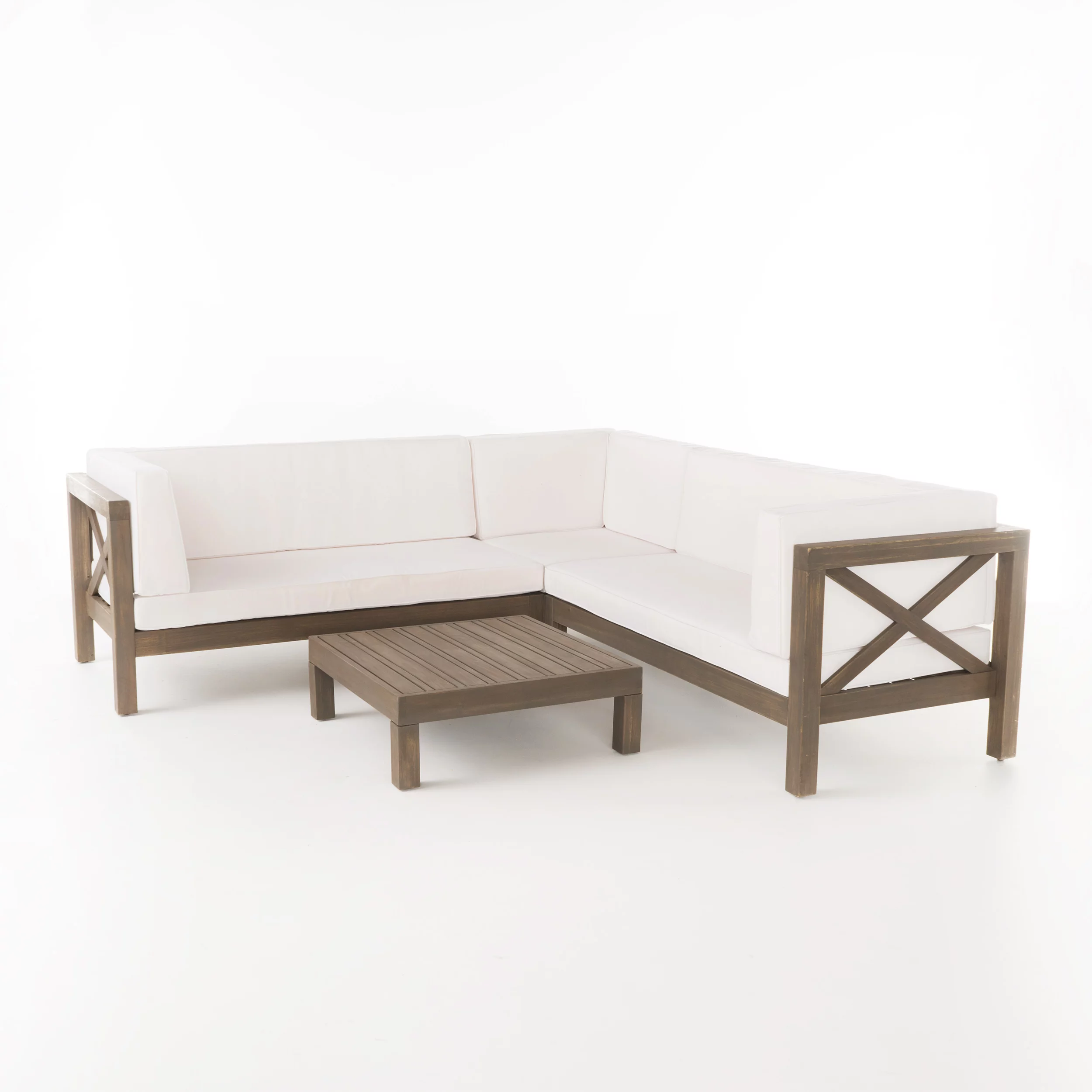 GDF Studio Calle Outdoor Acacia Sectional Sofa and Coffee Table, Gray & White