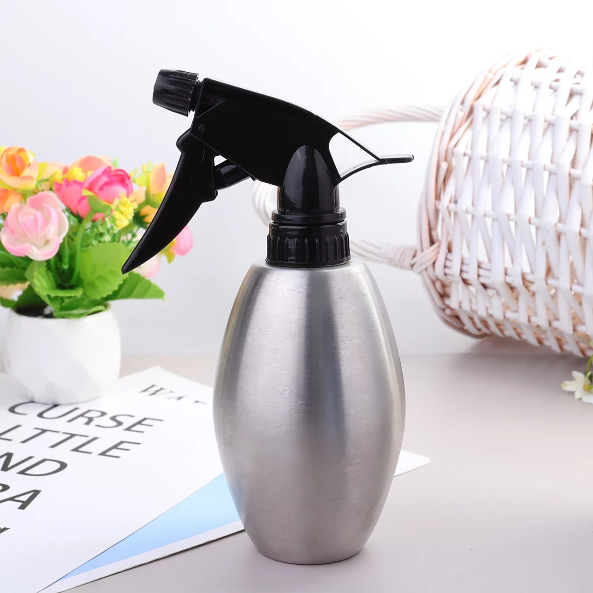 Gongxipen 1PC 310ml Black Nozzle Stainless Steel Watering Bottle Small Sprayer Green Plant Watering Can Water Sprinkler Garden Tool (Olive Shape)