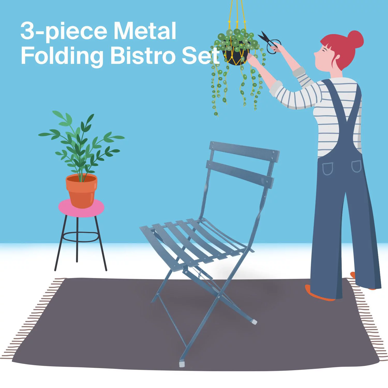 Ella 3 Piece Bistro Style Furniture Set – 2 Eye Catchy Relaxing Chair With a Handy Round Tea Table - Blue