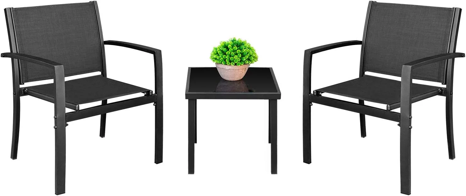 3 Pieces Patio Furniture Set Outdoor Patio Conversation Set Textilene Bistro Set Modern Porch Furniture Lawn Chairs with Coffee Table for Home, Lawn and Balcony (Black)