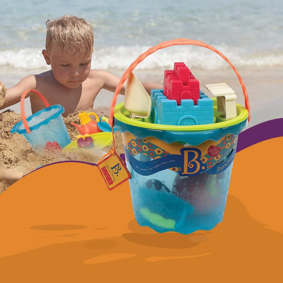 B. toys- Shore Thing Large Beach Bucket- Water & Sand Playset- 11 Funky Sand Toys for Kids- 18 months +