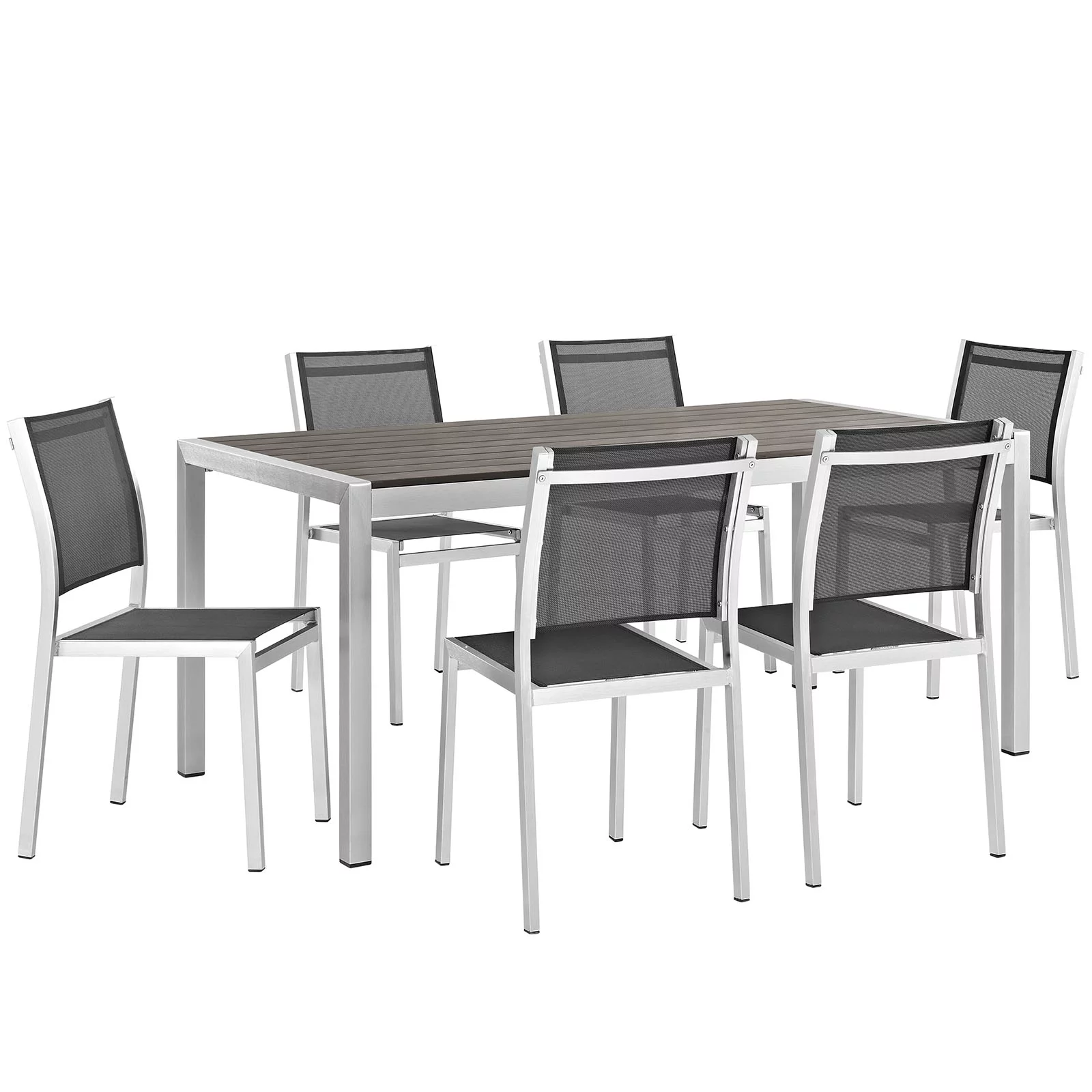 Modern Contemporary Urban Design Outdoor Patio Balcony Seven PCS Dining Chairs and Table Set, Black, Aluminum