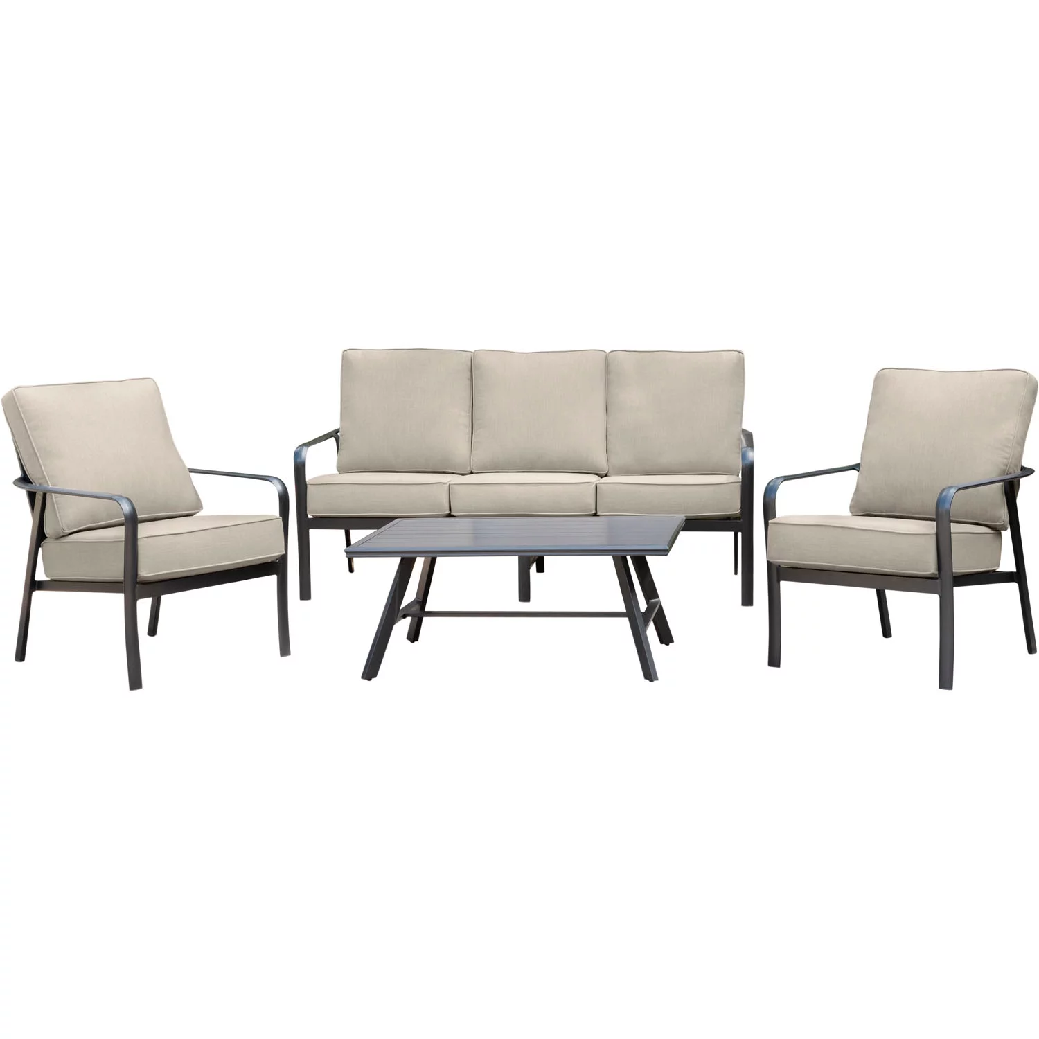 Hanover Cortino 4-Piece Commercial-Grade Patio Seating Set with 2 Cushioned Club Chairs, Sofa, and Slat-Top Coffee Table