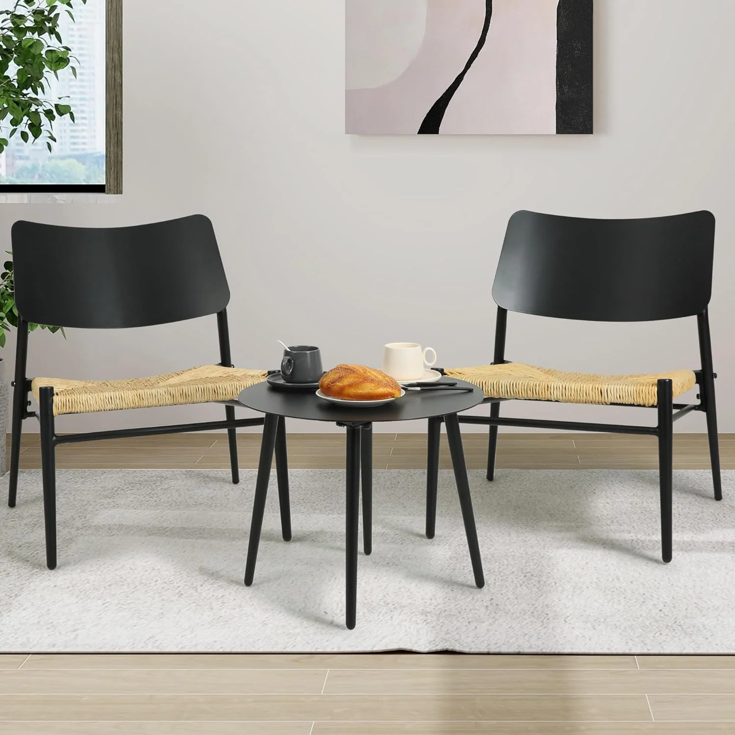 HOMEFUN Patio Bistro Sets 3 Piece Indoor and Outdoor Aluminum Side Table and 2 Chairs with Wide Seat Conversation Set for Porch, Backyard, Lawn, Garden, Living Room, Black