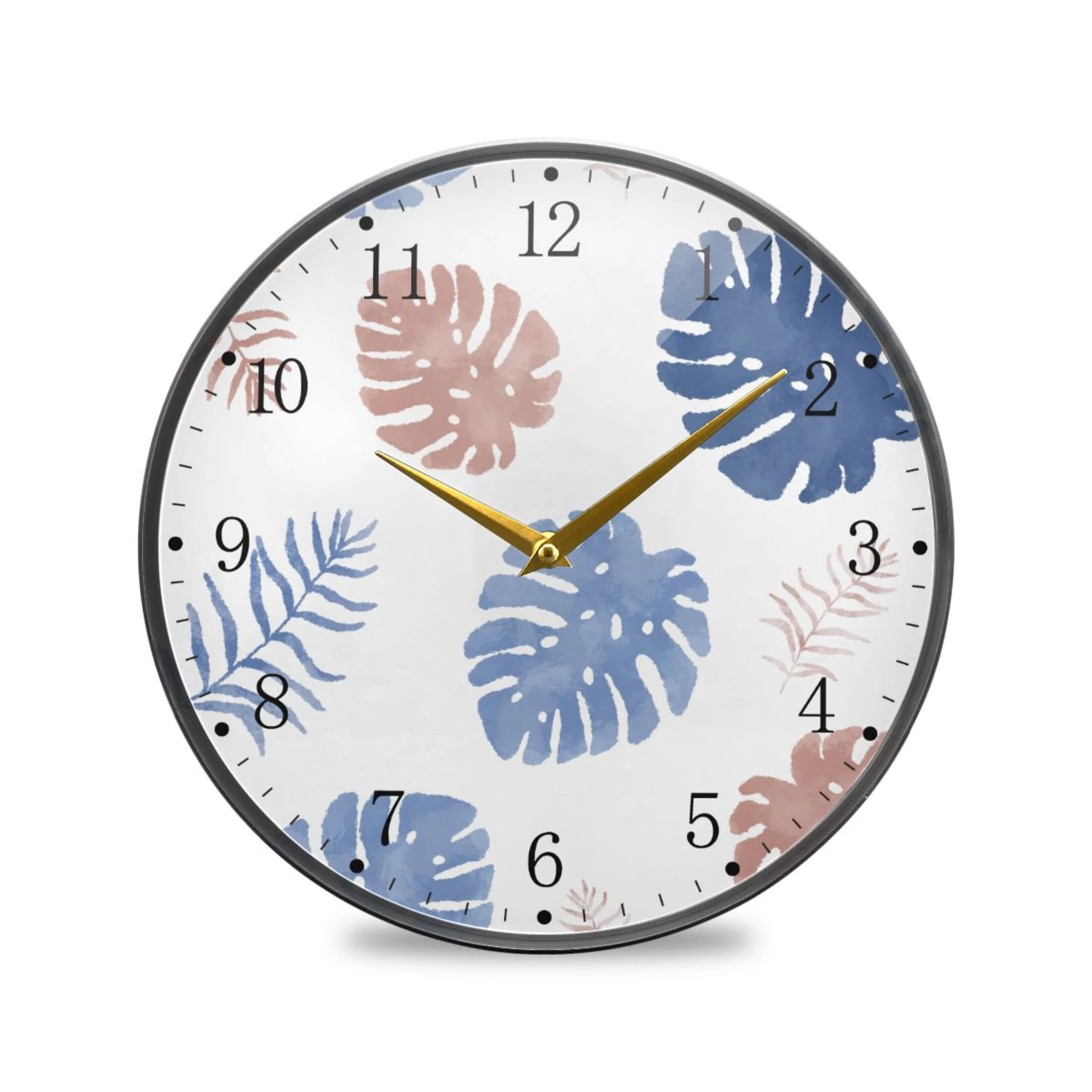 Watercolor Blue and Pink Leaves Acrylic Wall Clocks Quiet Round Clock Battery Operated Non-Ticking Clock for Bedroom Kitchen Office Decorative 11.9 Inch