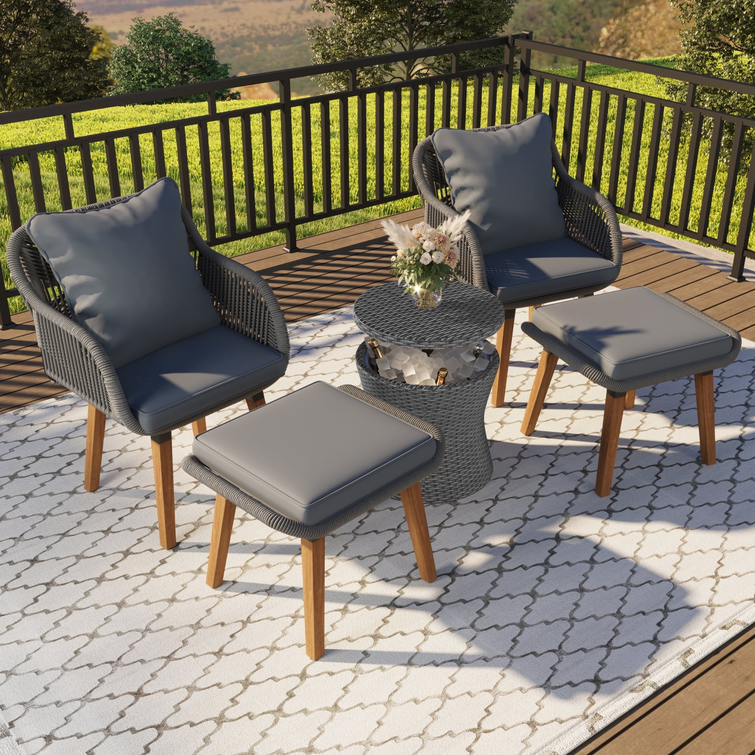 DremFaryoyo K&K 5 Pieces Patio  Chair Sets  Patio Conversation Set With Wicker Cool    Ottomans Outdoor  Bistro Sets for Porch Backyard Balcony Poolside Grey