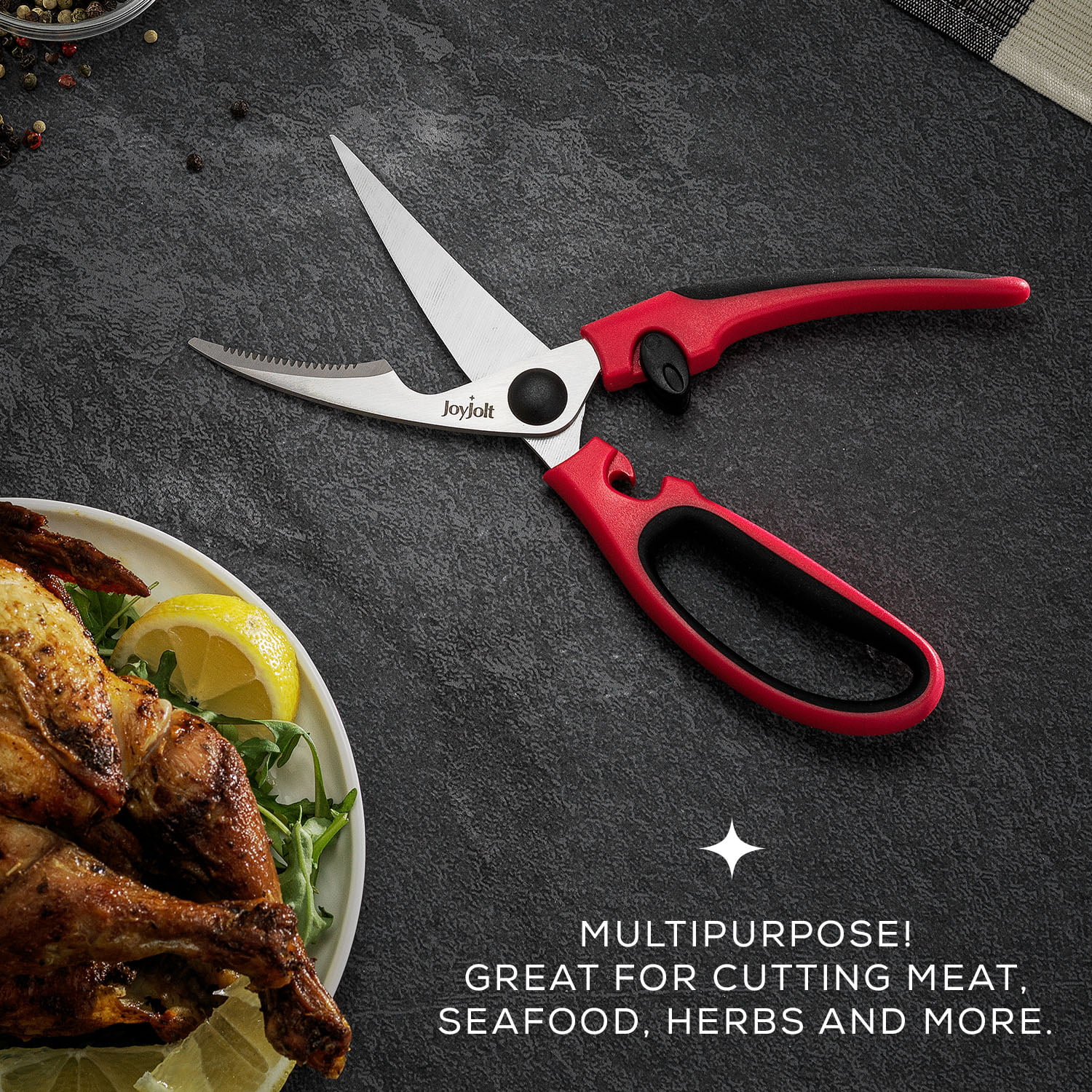 JoyJolt Multi Purpose Poultry Shears with Sharp Precision Blades and Ergonomic Handles - Red/Black