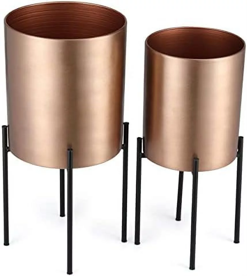 2pc Planter with Stand - Mid-Century Bronze Pots with Black Stands - Small Large Holders - Small Flowers Plants - Mid-Century Brushed