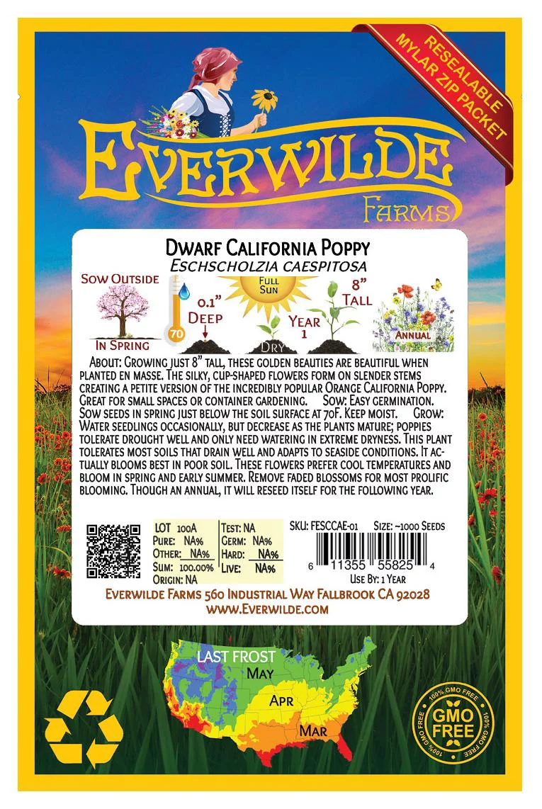 Everwilde Farms - 1000 Dwarf California Poppy Native Wildflower Seeds - Gold Vault Jumbo Bulk Seed Packet