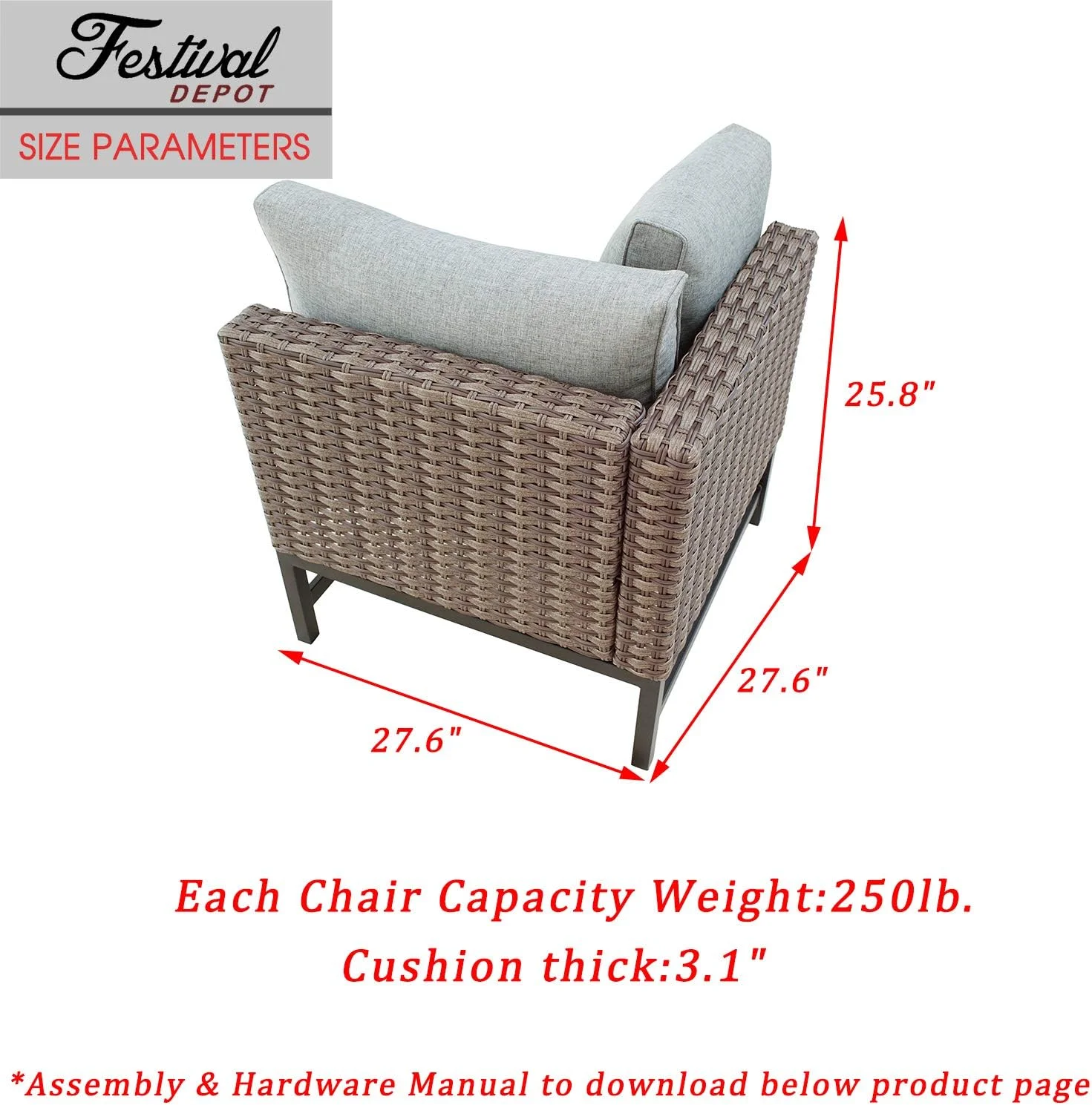 ASDRFYU Dining Outdoor Patio Bistro  Right Armrest Chair with Wicker Rattan Armrest Premium Fabric Comfort&Soft 3.1"Cushion with Metal Slatted Steel Leg for Garden Poolside All-We