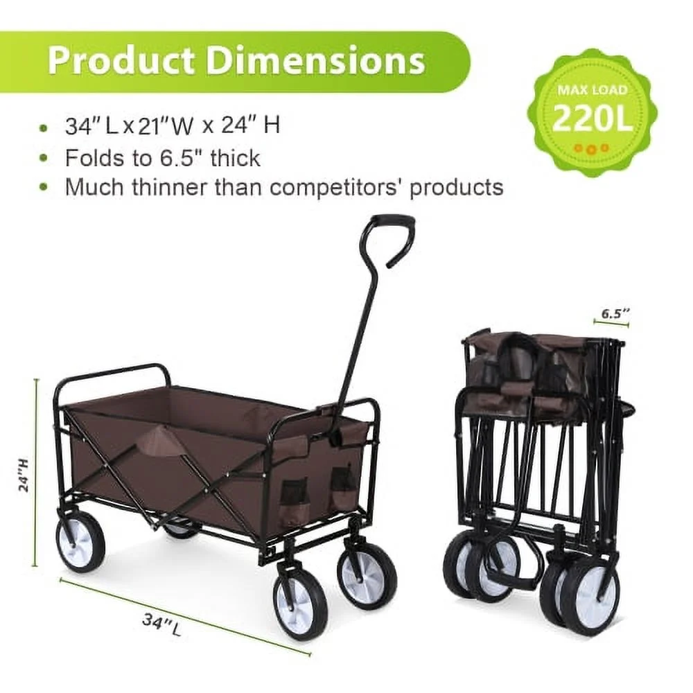 Rolling Collapsible Garden Cart Camping Wagon, with 360 Degree Swivel Wheels & Adjustable Handle, 220lbs Weight Capacity,Brown