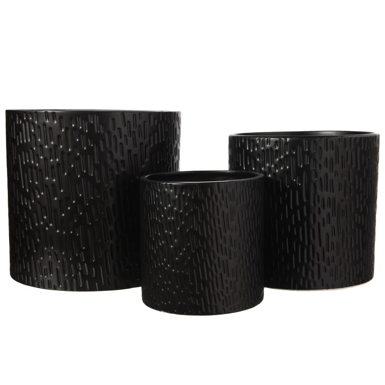 Ceramic Round Pot with Engraved Abstract Pattern Design Body Set of Three Matte Finish -  Black