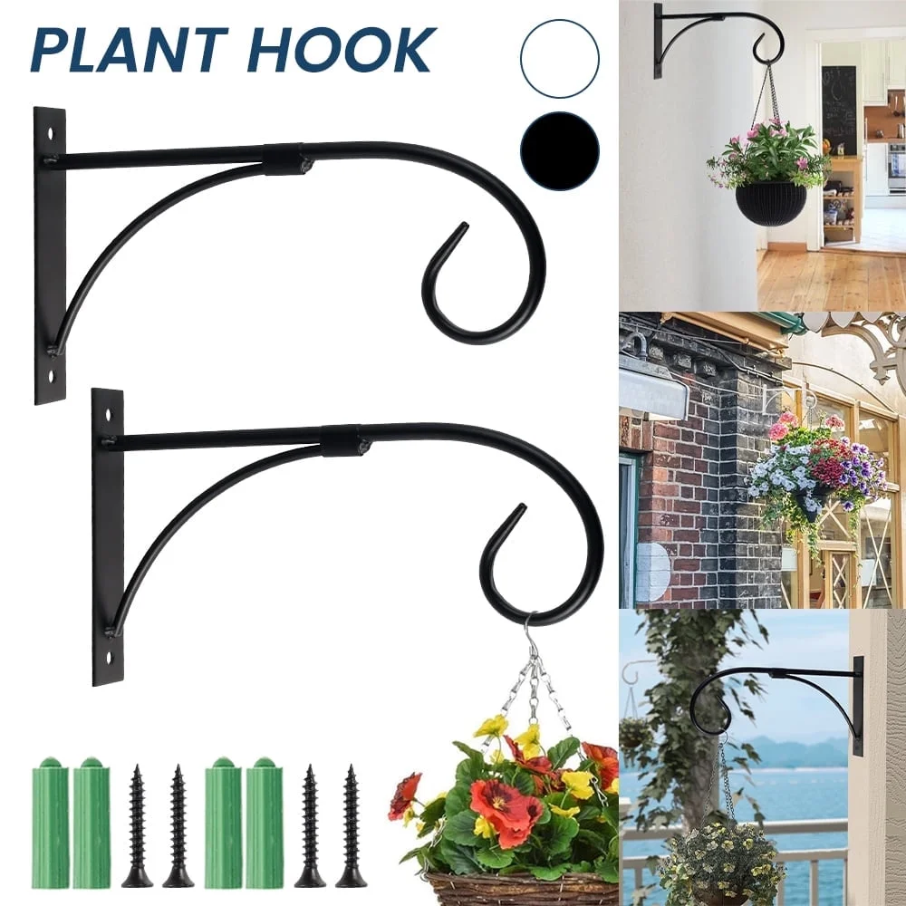 Pluokvzr 2X Heavy Duty Garden Metal Hanging Basket Brackets Plant Hanger Plant Hook Wall Decor White