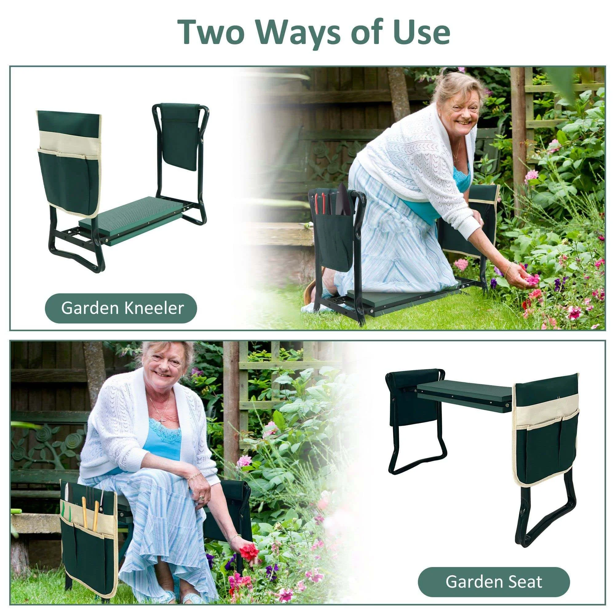 Foldable Garden Kneeler with Tool Pouches - Green - Make Gardening Easy
