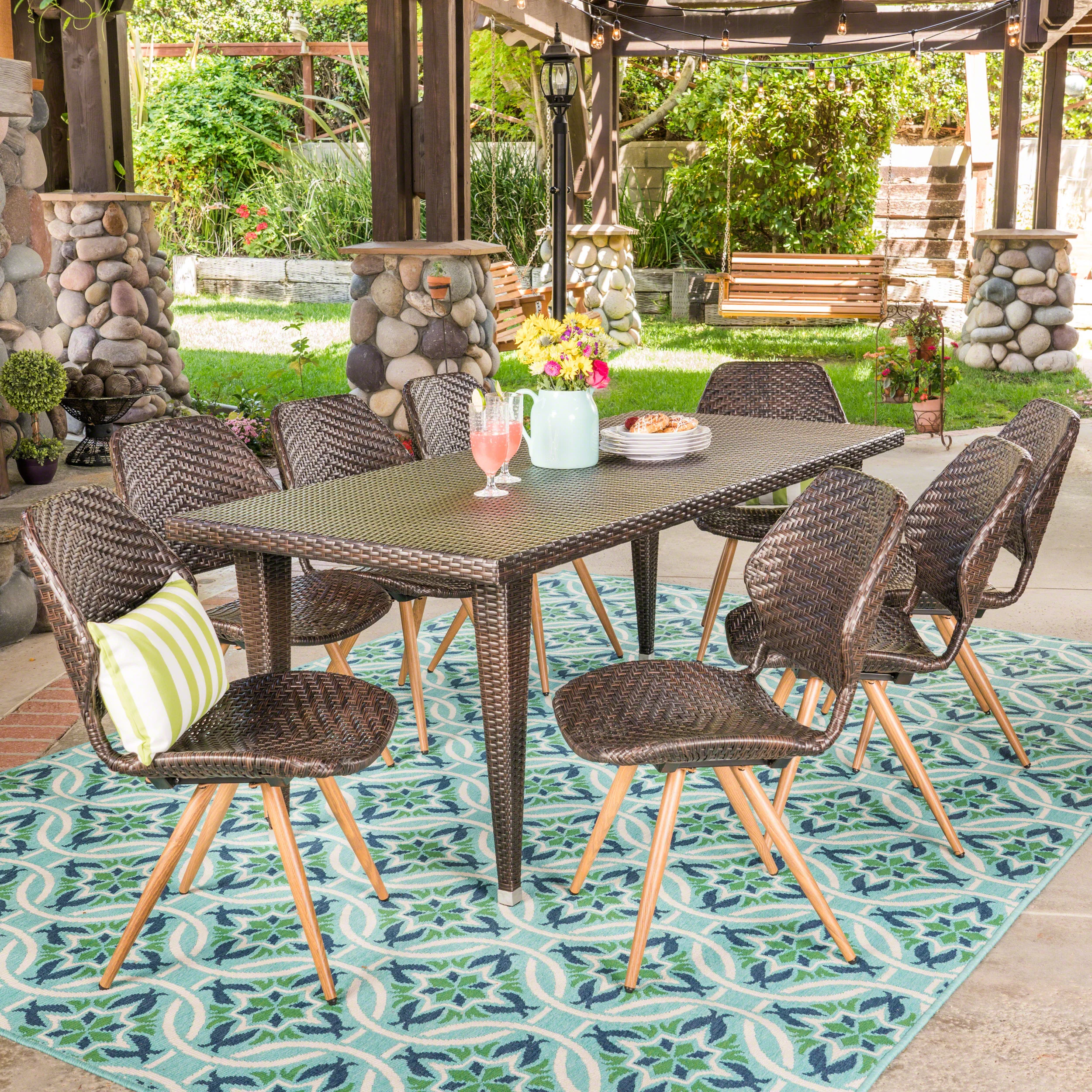 Brian Outdoor 7 Piece Wicker Dining Set, Multibrown