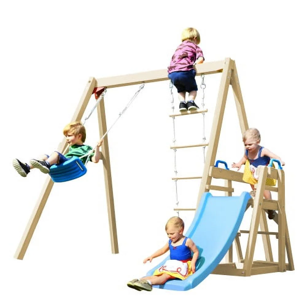 4 in 1 Outdoor Wooden Swing Set for Kids, Outdoor Tolddler Swing Set for Backyard, Playsets with Slide, Outdoor Playset Backyard Activity Playground Climb Swing Outdoor Play Structure