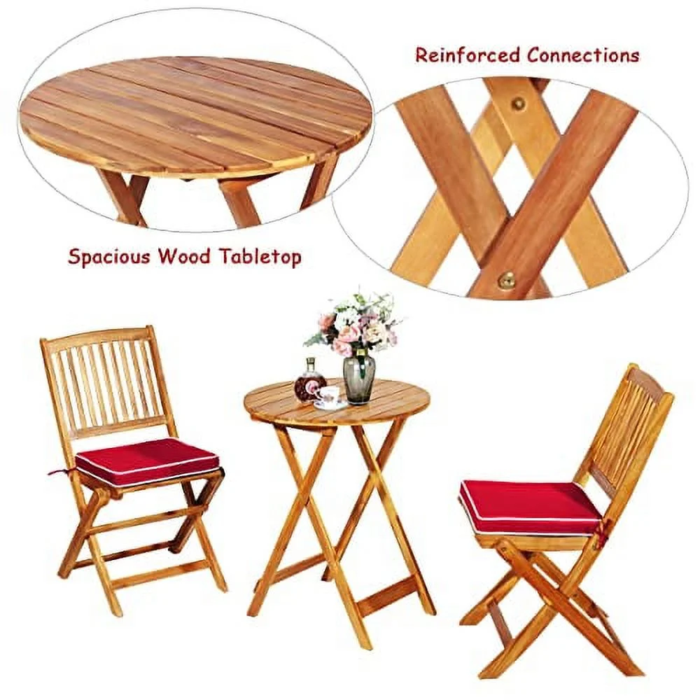 LDAILY 3 Pieces Patio Bistro Set, Garden Folding Furniture Set, Acacia Wooden Table & 2 Padded Cushion Chairs, Round Coffee Table Set, Patio Furniture Set for Porch, Backyard, Balcony (Red)