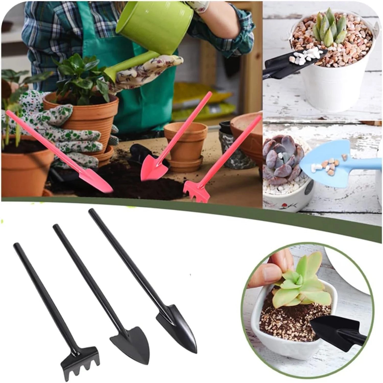 Convenient  portable and essential tool set for miniature gardening - includes rake  trowel  and shovel. Ideal for seedlings and succulents  perfect for small gardens and potted plants. A