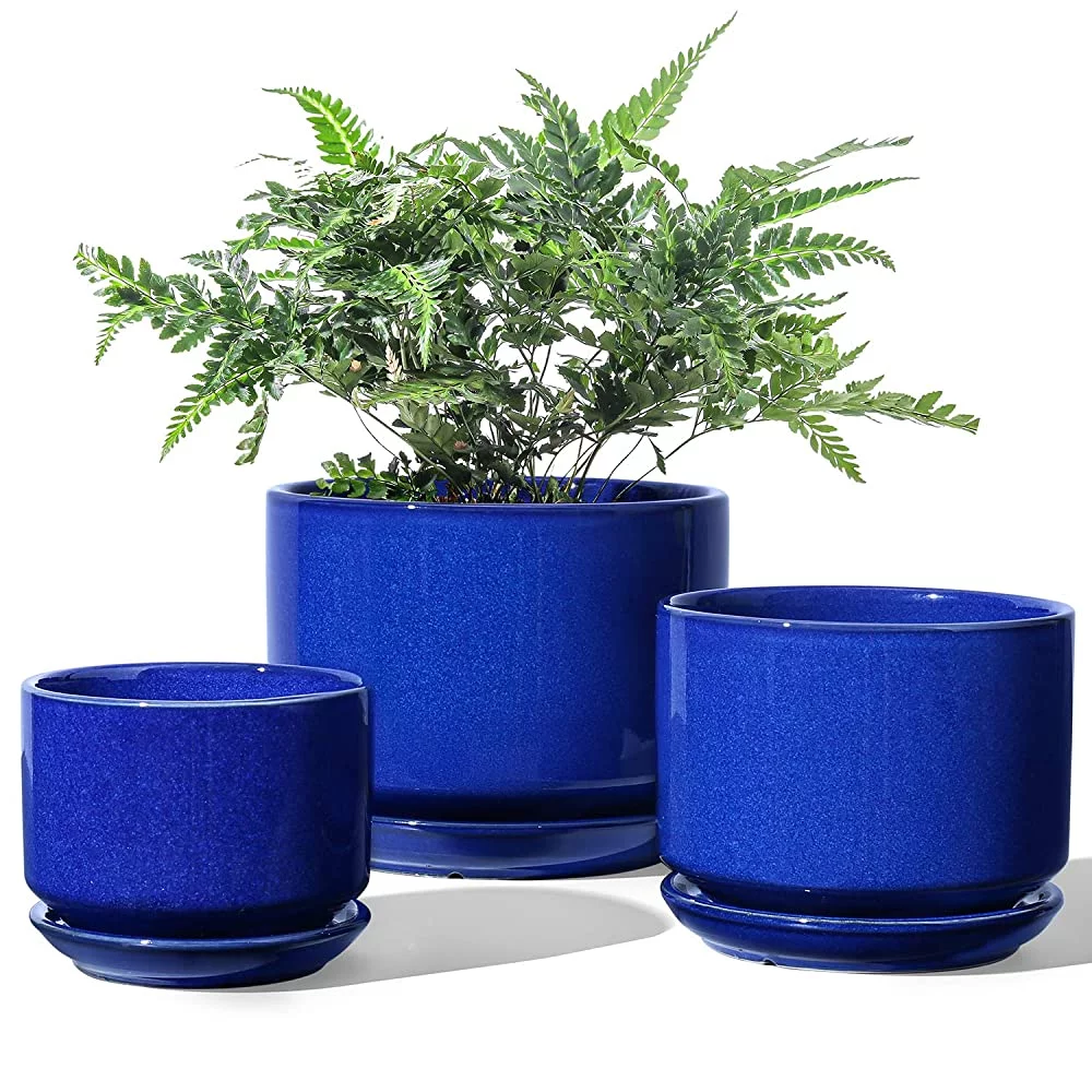 LE TAUCI 4.3+5.3+6.8 Inch Ceramic Plant Pots with Drainage Hole and Saucer, Set of 3, Sapphire Blue