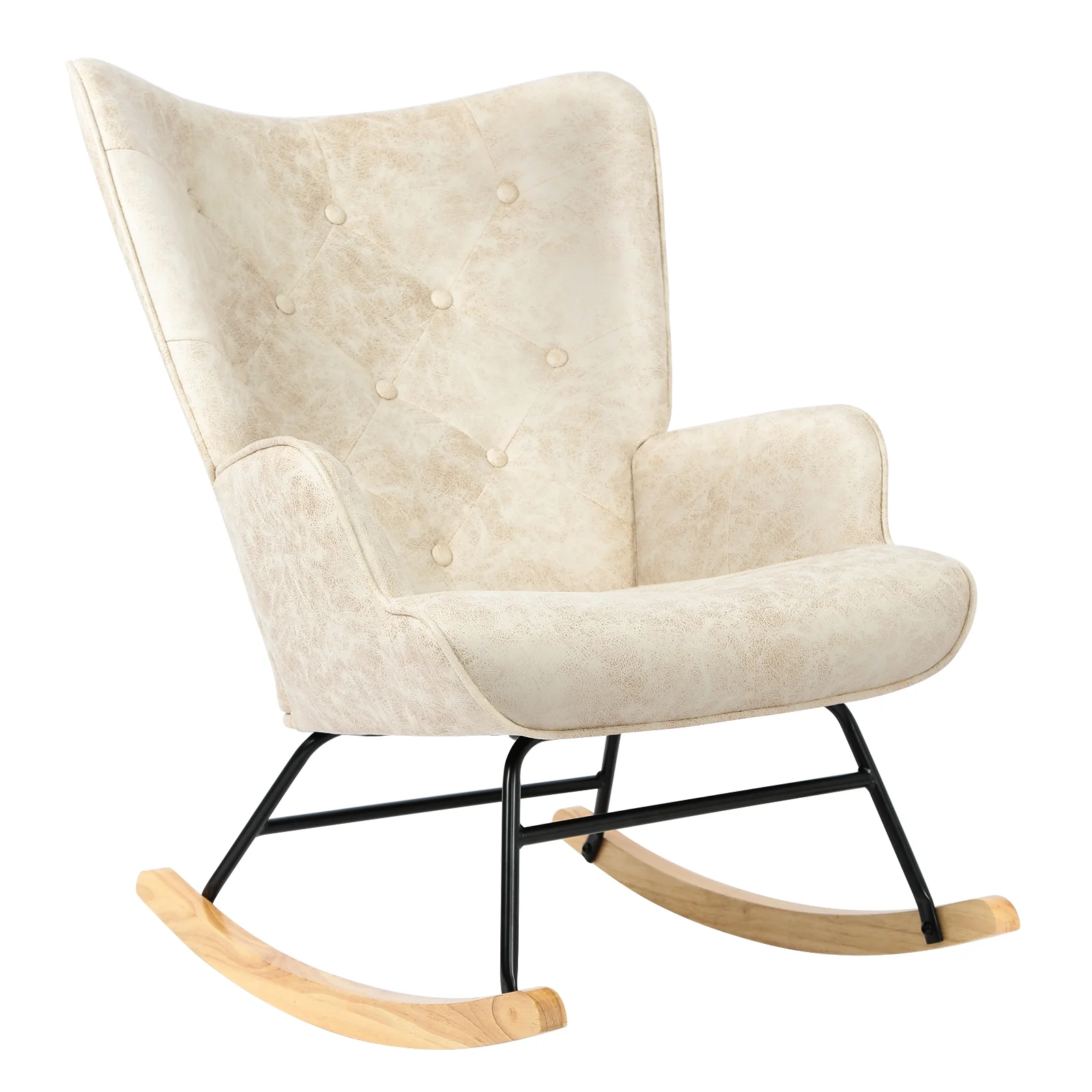 Rocking Chair Nursery, Upholstered Nursing Armchair with Wooden Base, Glider Rocker with Backrest for Bedroom, Living Room, Office, PU