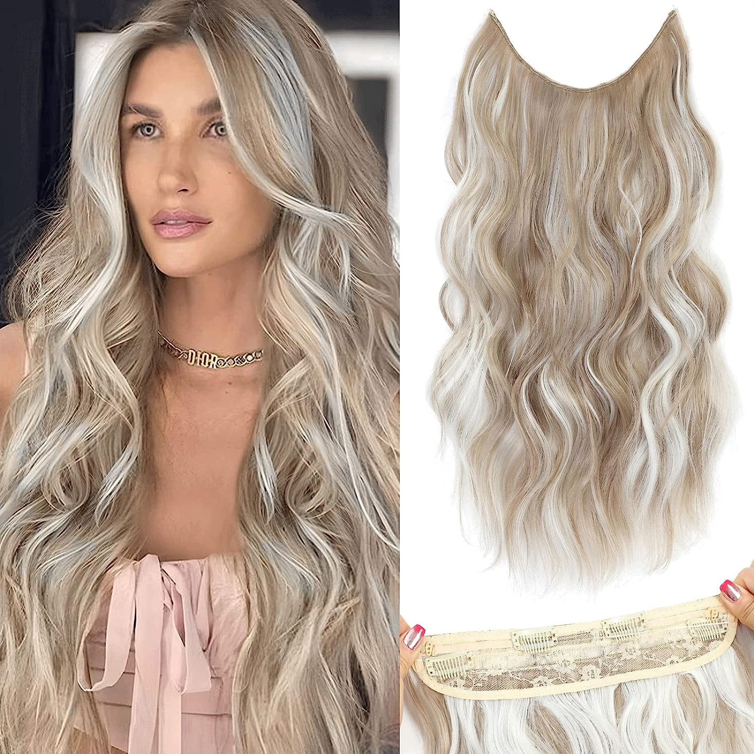 DOPI Hair Extensions 20 Inch Invisible Wire Medium Brown Hair Extensions Adjustable Long Wavy Hair Extensions Synthetic Upgrade 4 Secure Clips in Hairpieces