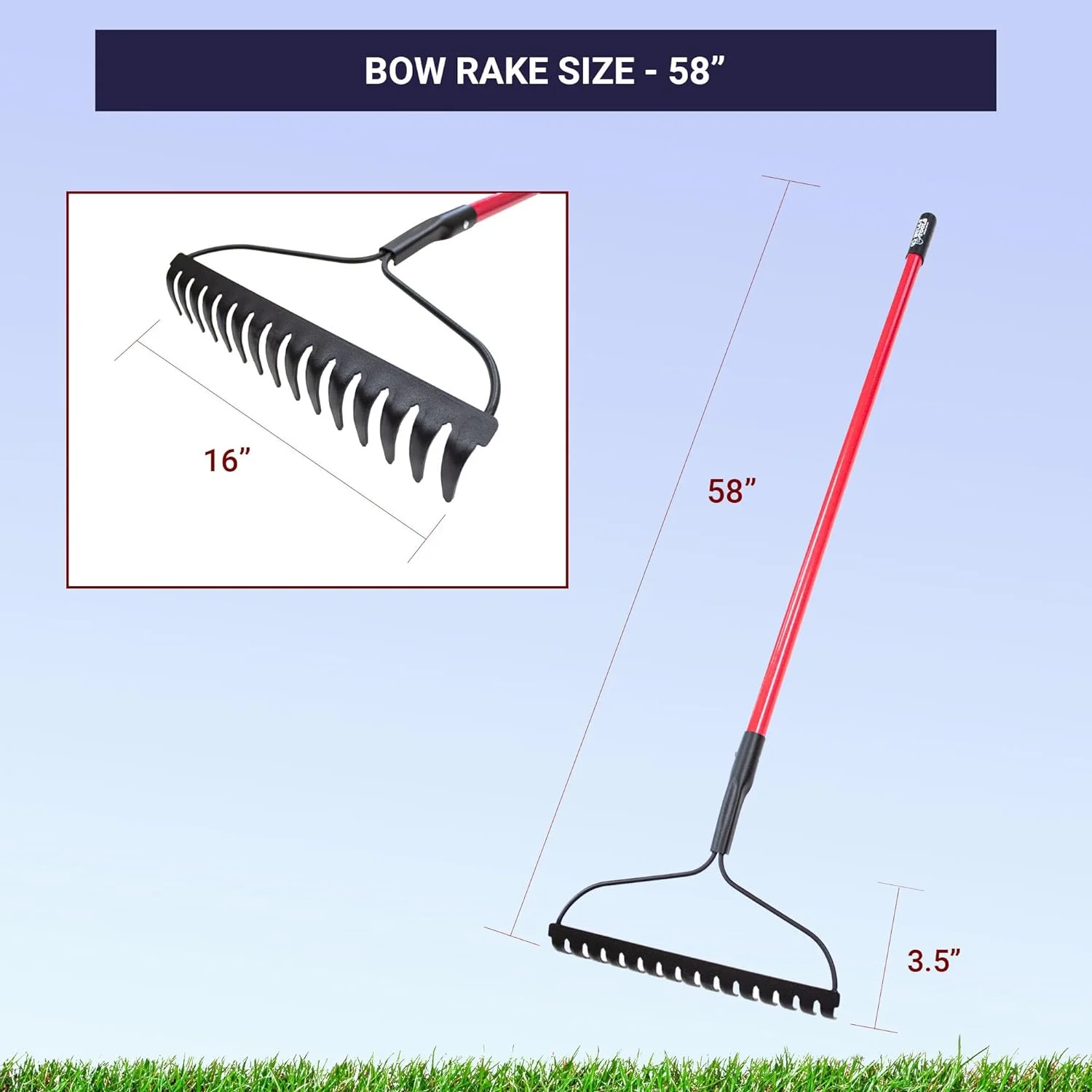 92309 12-Gauge 16-Inch Bow Rake with Fiberglass Handle and 16 Steel Tines, 58-Inch