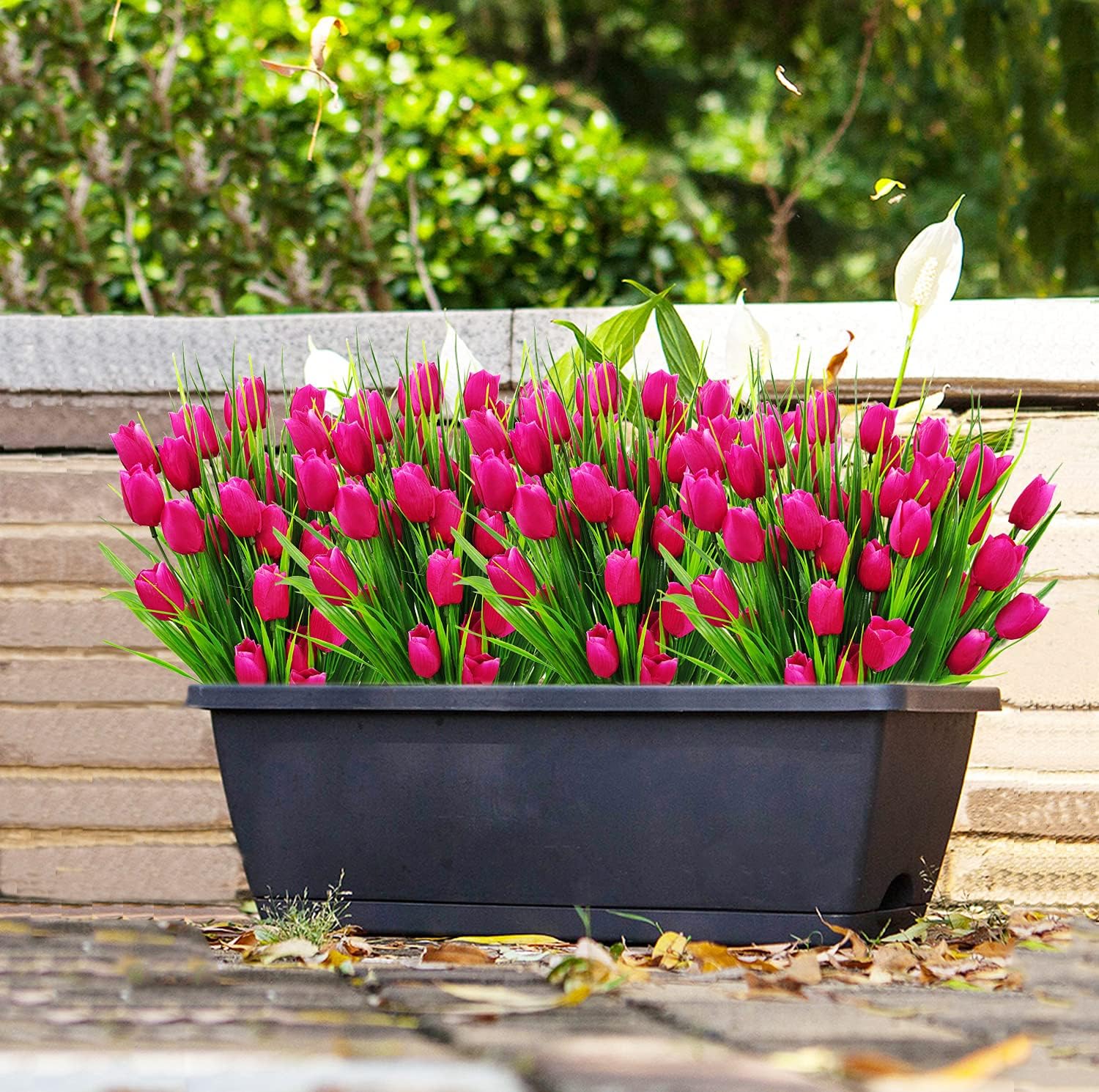 Morttic 8 Bundles Outdoor Artificial Tulips Fake Flowers UV Resistant Faux Plastic Greenery Shrubs Plants for Home Outside Garden Porch Window Farmhouse Decor