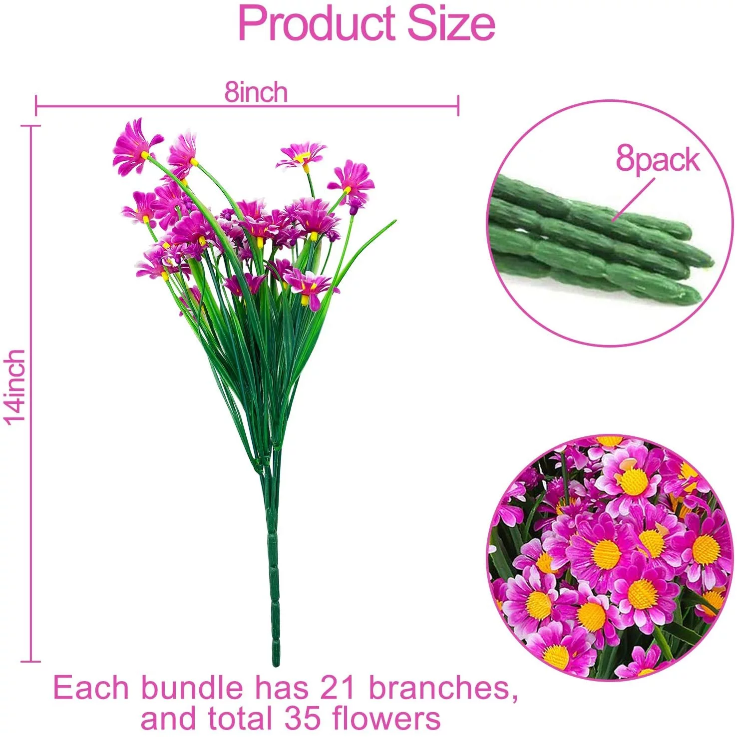 8 Bundles Artificial Daisy Flowers Outdoor Fake Flowers Plants for Spring Decoration No Fade Faux Plastic Flower Garden Porch Window Box Decor（Fuchsia）
