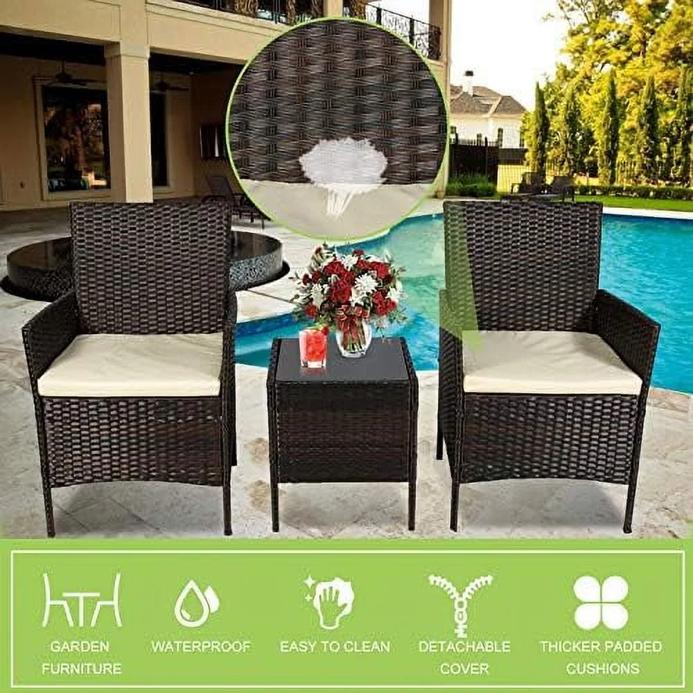 3 Piece Patio Furniture Set,Outdoor Wicker Rattan Conversation Set,Porch PE Rattan Outdoor Furniture Set With Coffee Table, Chairs & Thick Cushions, For Patio Garden Lawn Backyard Pool (Brown-Beige)