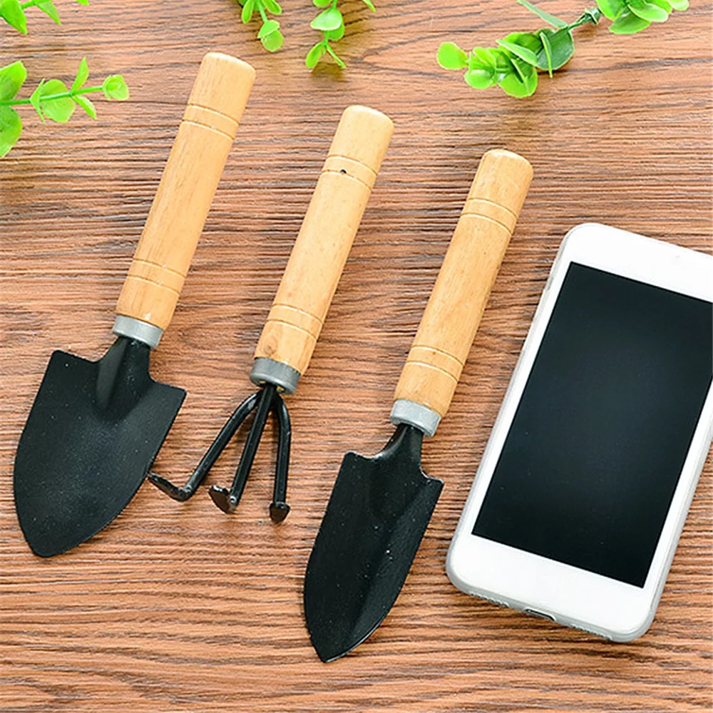 GadgetVLot 3pcs Garden Tool Set Mini Shovel Rake Spade Bonsai Tools Wooden Handle for Flowers Potted Plant