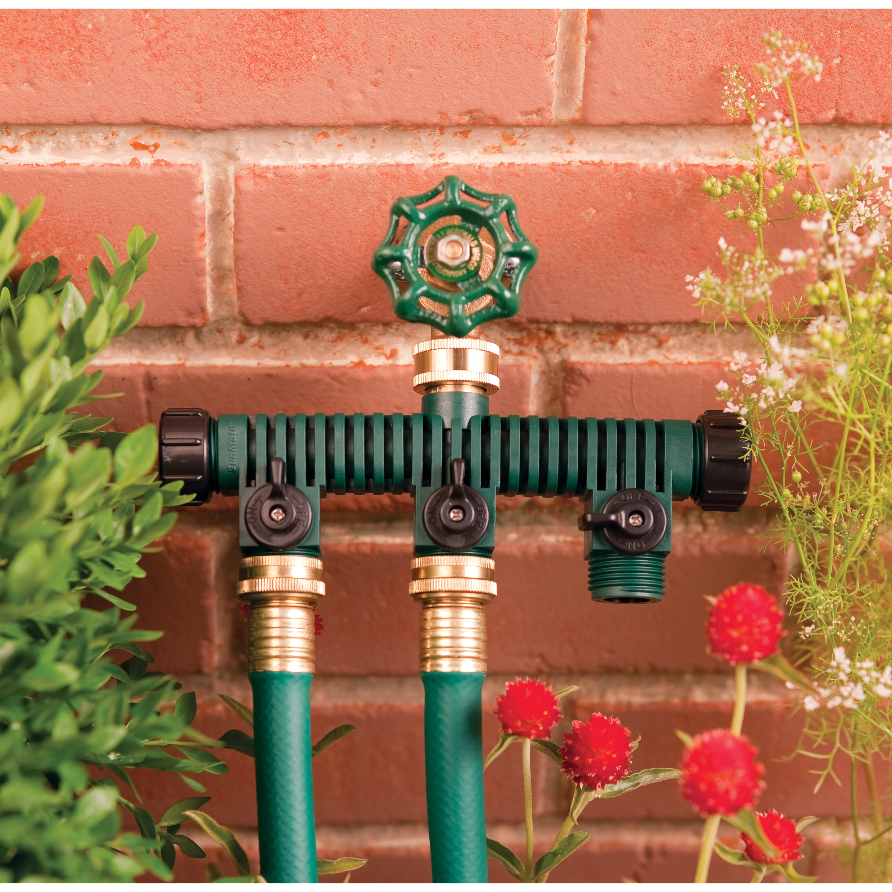 Orbit 3-Port Plastic Hose Faucet Manifold with Shut-off Valves and 2-Side Connections, Green