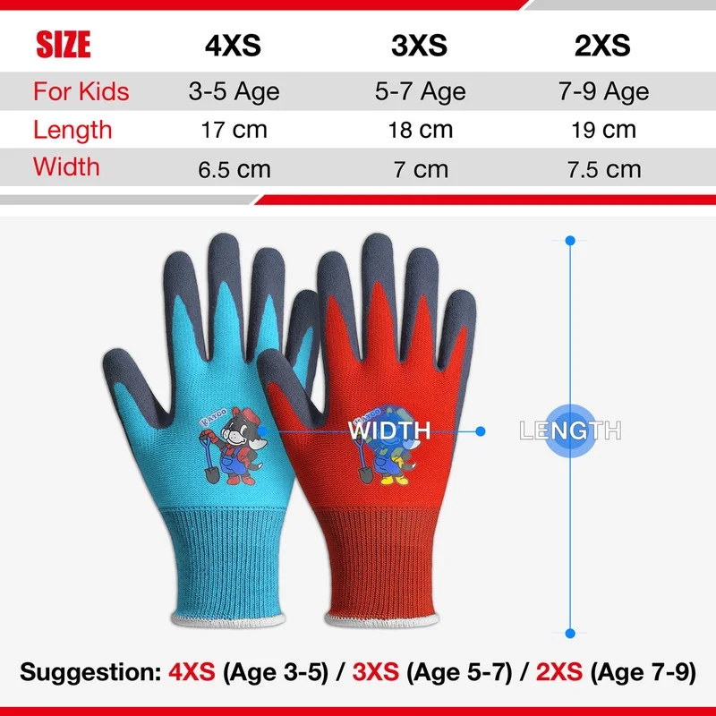 KAYGO Kids Gardening Gloves 4 Pairs - Polyester Seemless Knitted with Latex Sandy Finish Coating, KGKID100, Ideal for Kids Gardening, DIY,Light Duty Works, and Outdoor Activities (Blue&Red,2XS )