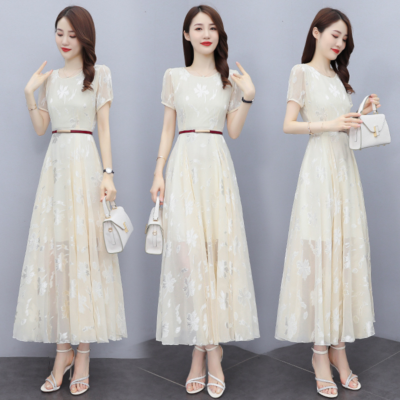 Summer New Temperament Round Neck Short-Sleeved Breathable Chiffon Flowing Swing Dress Female Apricot 2Xl