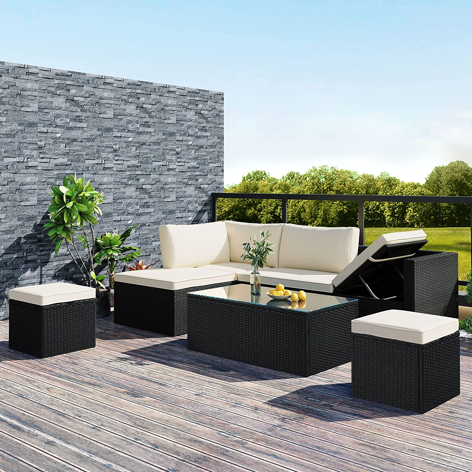 3 Piece Outdoor Patio  Set  PE Rattan Wicker Sofa Sectional Chair with Removable Cushion and Two Glass Table L-Shaped Corner for Poolside Backyard  Beige