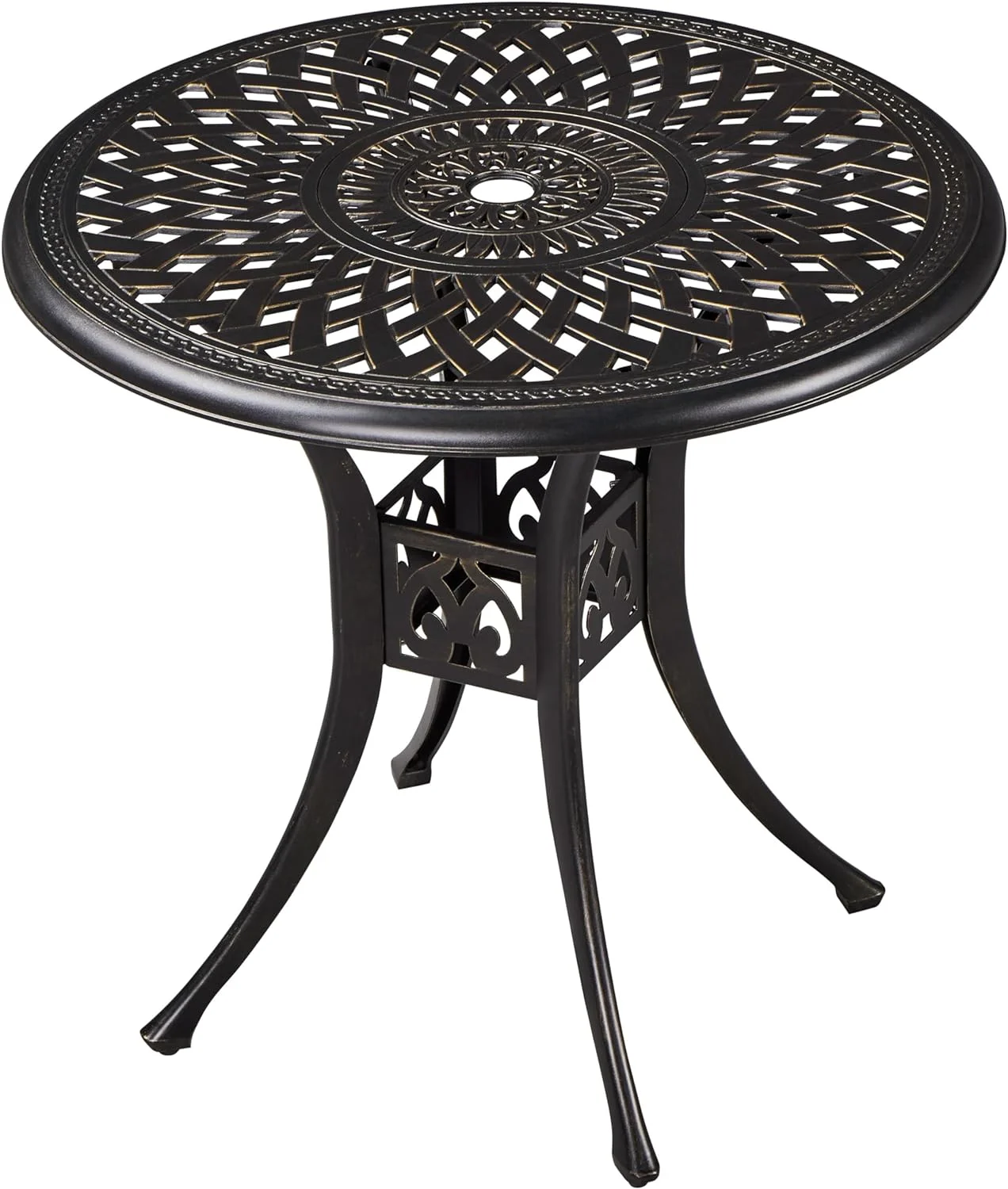 Elegant 31in Cast Aluminum Elegant Table with Umbrella Hole, Outdoor Round Anti-Rust Small Table with Umbrella Hole, Coffee Bistro Table, Outdoor Side Table for Porch, Backyard, Garden, Bronze
