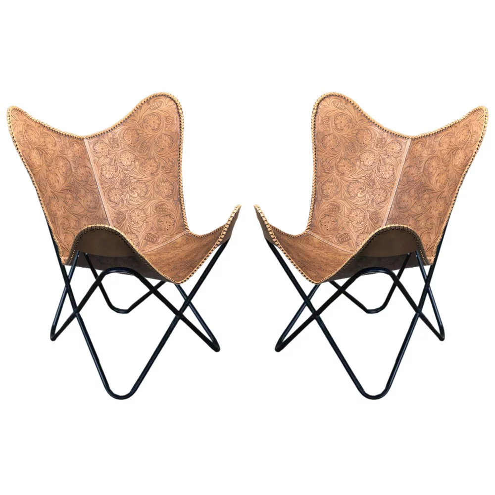 Genuine Leather Handcarved Butterfly Chair Folding Lounge Sling Seat Pair