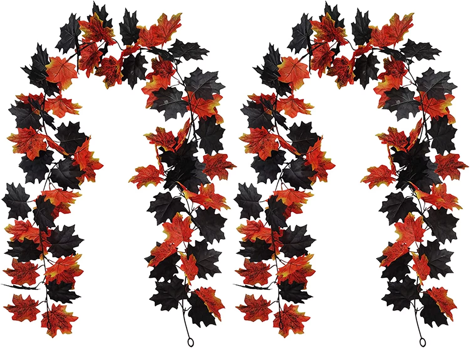 2 Pack Fall Maple Leaf Garland Hanging Black Fall Leaves Vine Artificial Autumn Garland for Thanksgiving Door Wall Fireplace Indoor Outdoor Home Decor -Black Orange