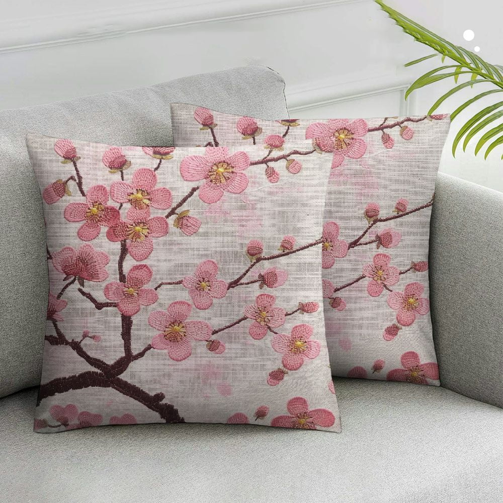 Acheng Spring Pillow Decorative Throw Pillow Cover, Pink Chinese Cherry Blossom Flower Japan Plum Branch Double Sided Square Pillow Cases Pillowcase Sofa Cushion,Set of 2 White