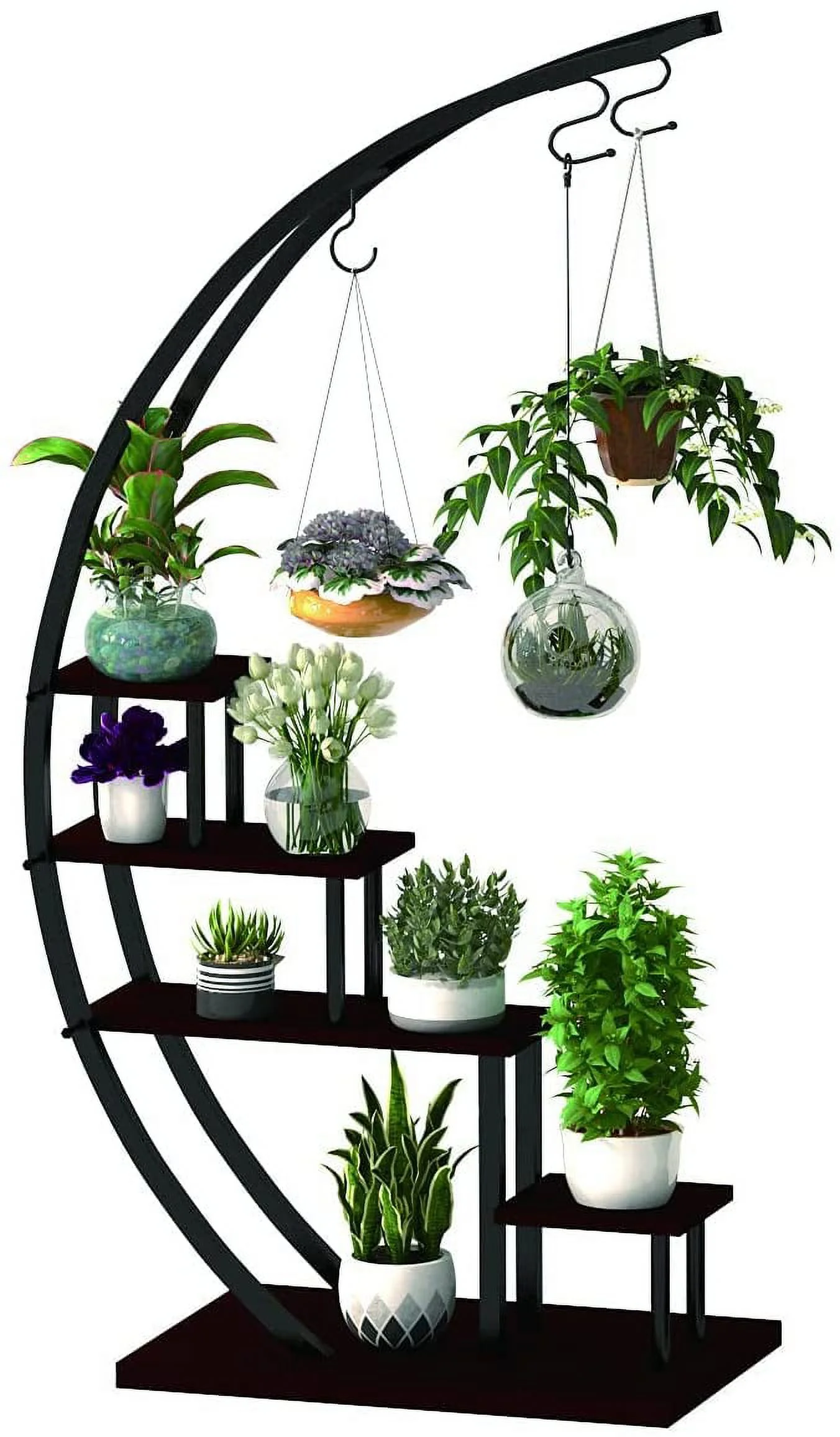 5 Tier Metal Plant Stand Creative Half Moon Shape Ladder Flower Pot Stand Rack for Home Patio Lawn Garden Balcony Holder Black (1 Pack)