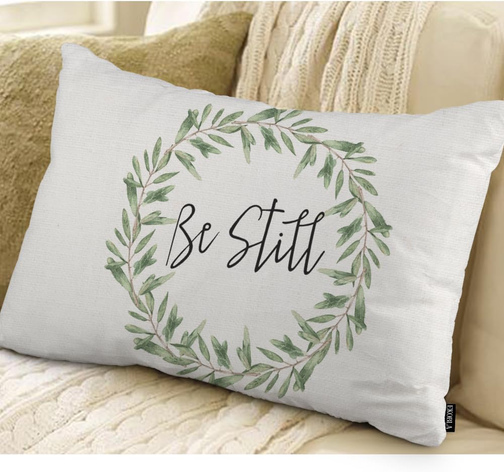 Rustic Be Still Rectangle Throw Pillow Case Green Olive Wreath Leaves Waist Lumber Cotton Linen Cushion Cover Oblong Rectangle Pillowcase for Men Women Home Decoration Bedroom 12x20 Inches