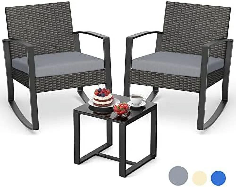 YPDCHB 3 Pieces Wicker Patio  Set  Outdoor Rocking Chair Sets with Cushion  Porch  Set with Glass Table  Modern Rattan Conversation Sets for Porches and Balcony  Grey Cushion