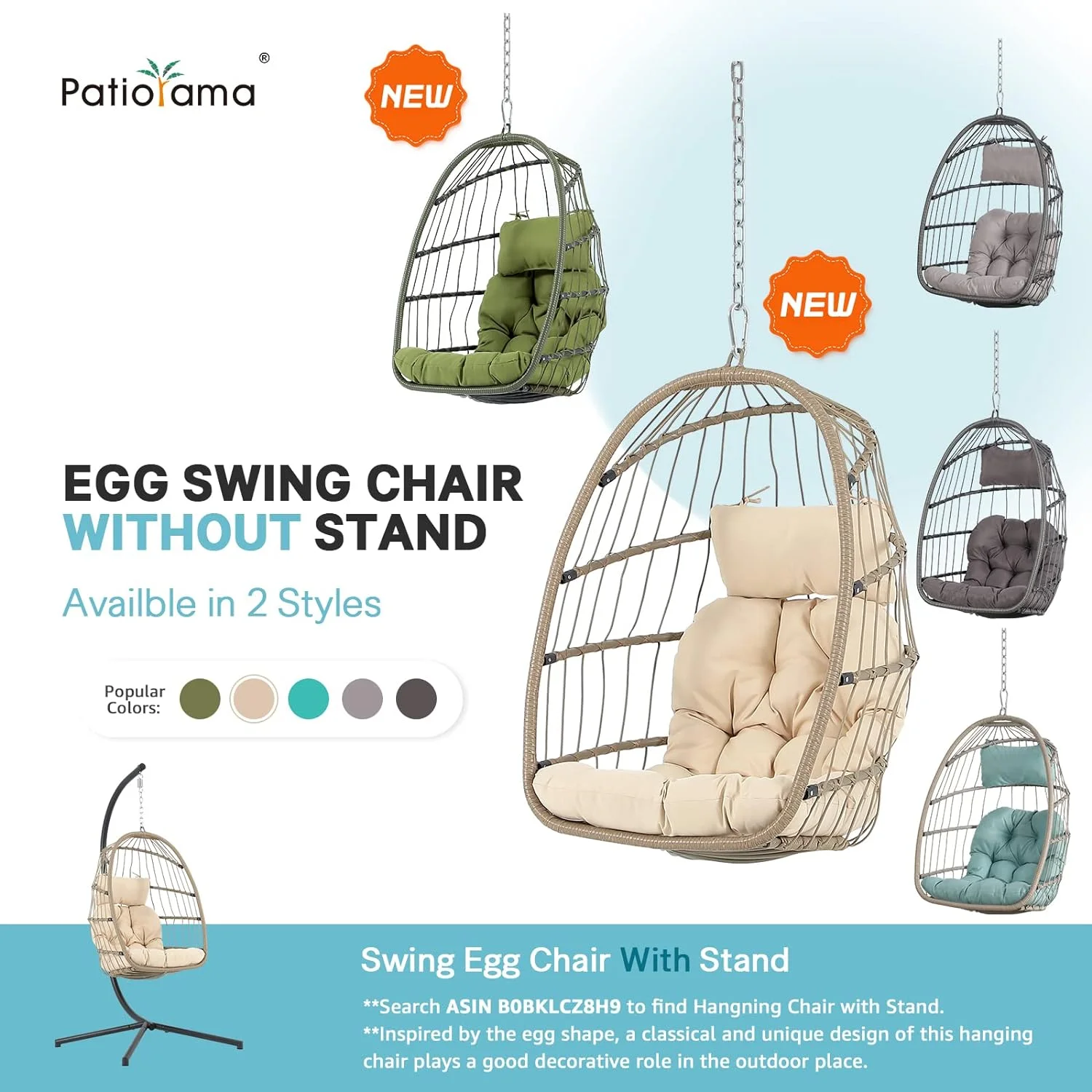 Indoor Outdoor Egg Swing Chair Without Stand, Patio Wicker Rattan Hanging Chair w/Cushion, 350lbs Capacity, All Weather Foldable Hammock Chair Basket Chair for Bedroom, Porch (Beige)