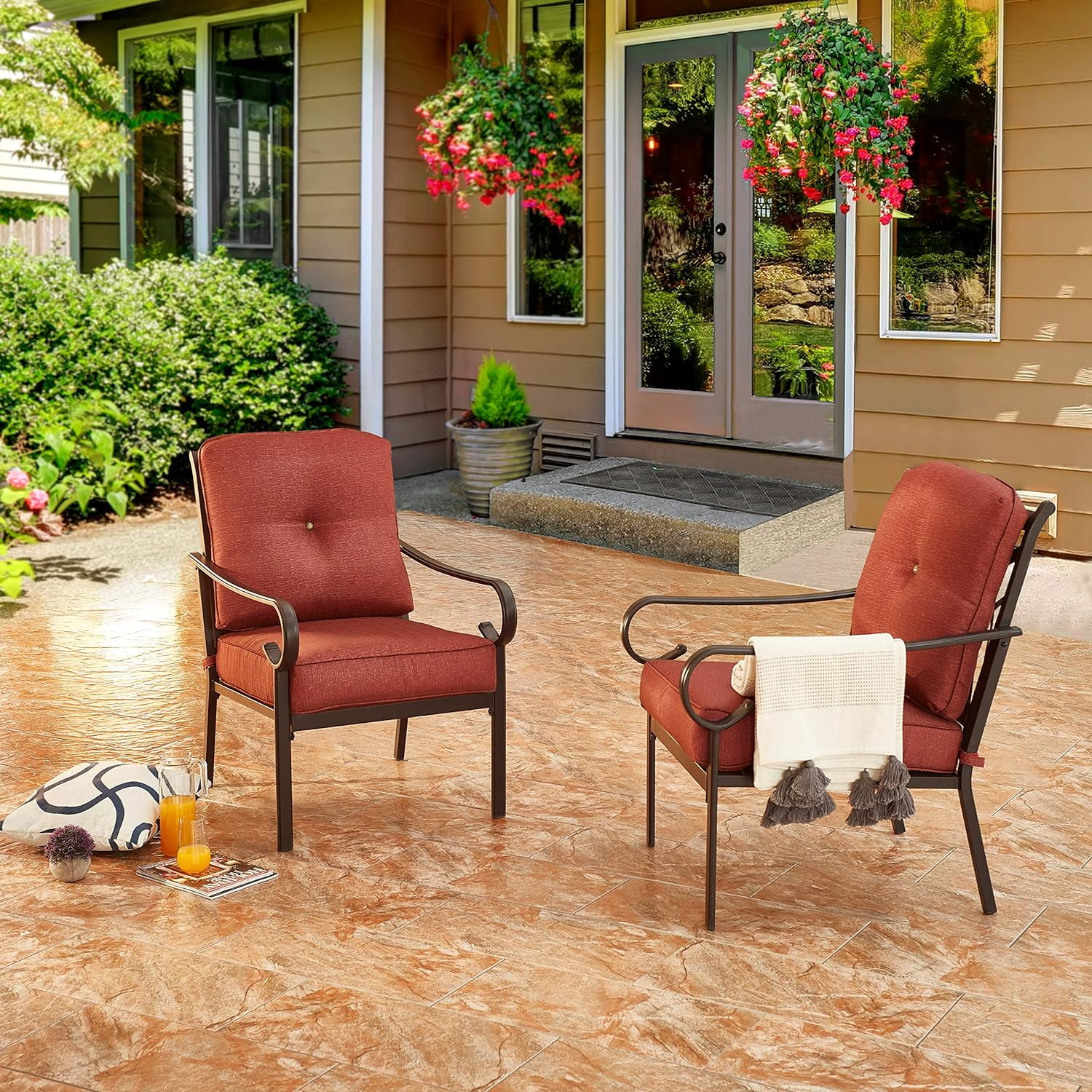 Dina Patio Cushioned Furniture Outdoor Bistro Loveseat  2 Single Sofa Chairs  1 Coffee Table  4 Piece Conversation Set  Red