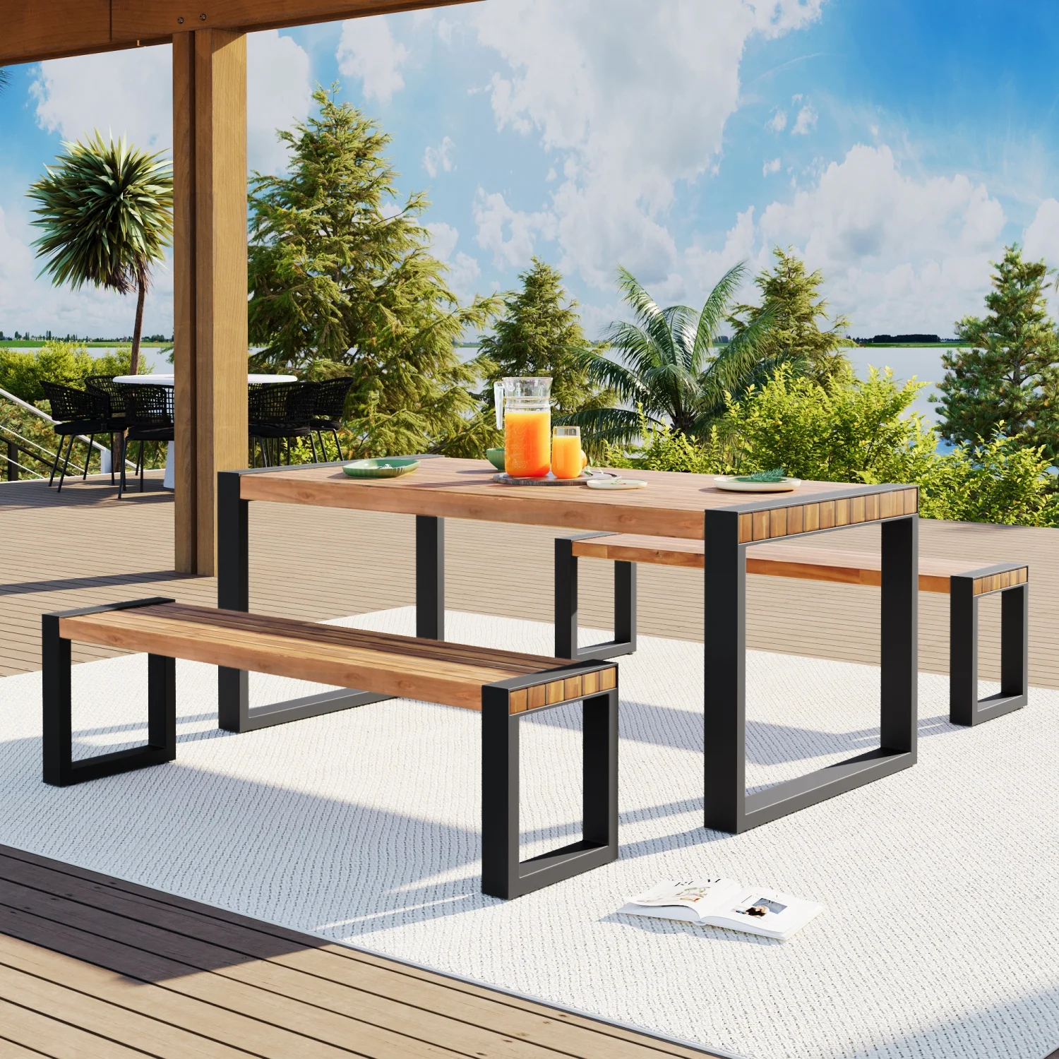 GO 3-pieces Outdoor Dining Table With 2 Benches  Patio Dining Set With Unique Top Texture  Acacia Wood Top & Steel Frame  All Weather Use  For Outdoor & Indoor  Natural