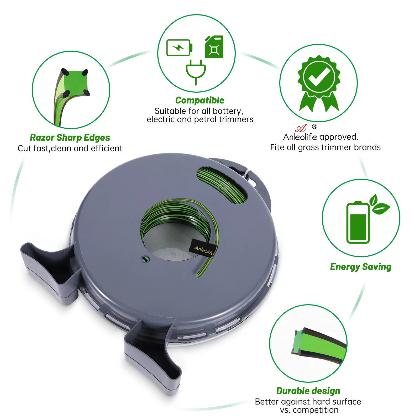 A ANLEOLIFE 1-Pound Commercial Square .080-Inch-by-328-ft Trimmer Line Donut,Pre-U Co-Extruded Multi-Blade Weed Eater String, Green