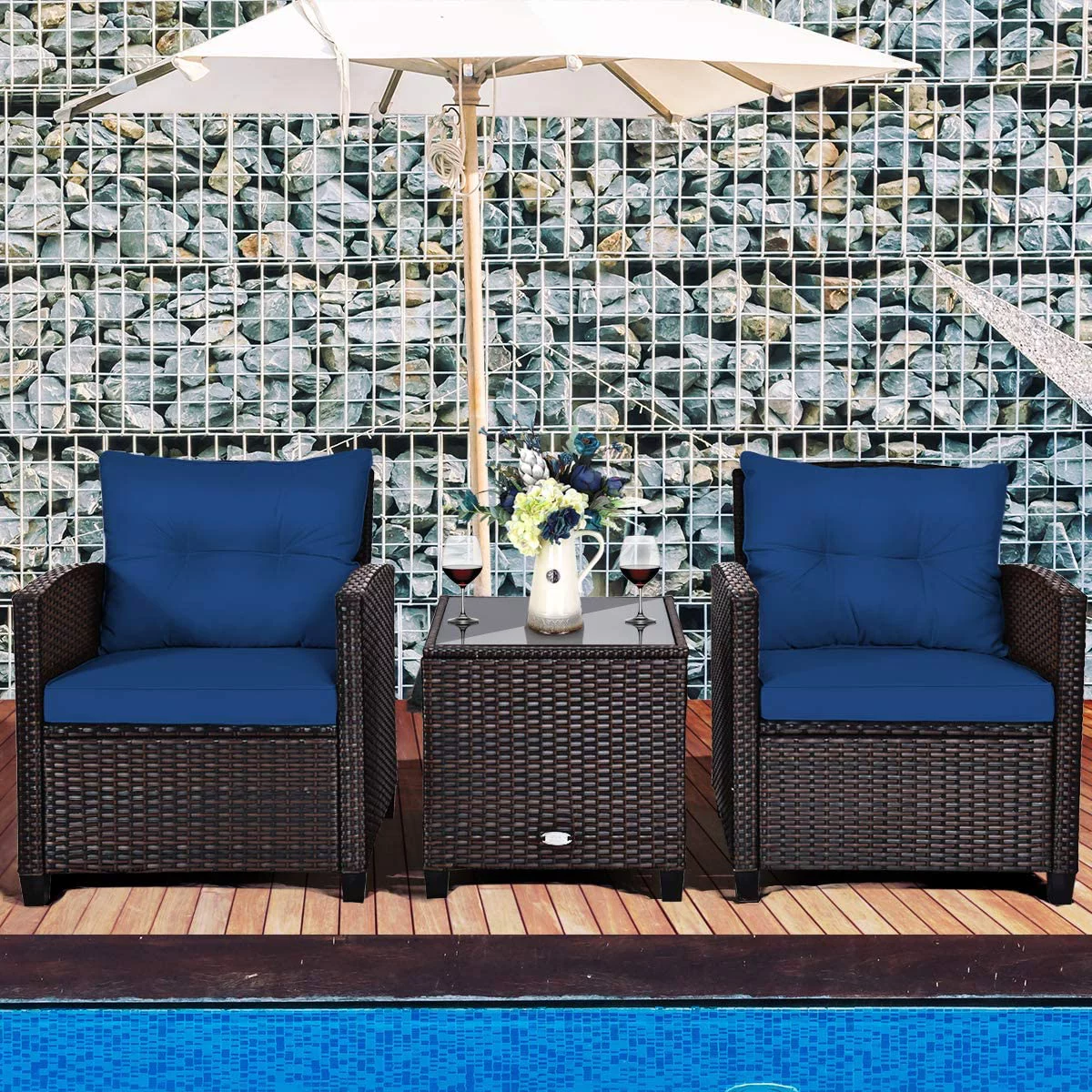 3 Pieces Patio Furniture Set  PE Rattan Wicker 3 Pcs Outdoor Sofa Set w/Washable Cushion and Tempered Glass Tabletop  Conversation Furniture for Garden Poolside Balcony (Beige)