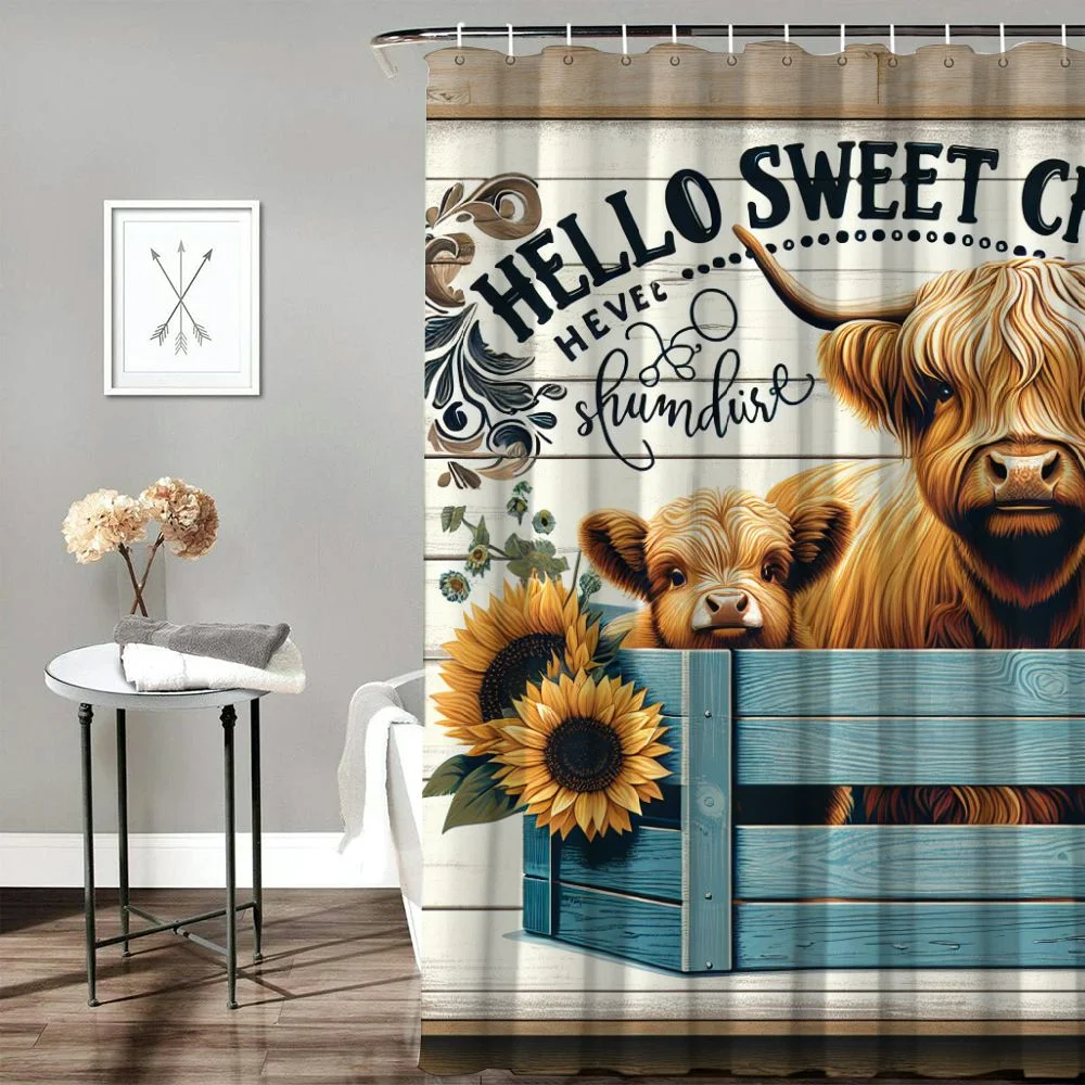 Lzatpd Farmhouse Highland Cow Shower Curtain Rustic Sunflower Truck Western Cattle Floral Butterfly Country Waterproof Polyester Fabric Bathroom Bathtub