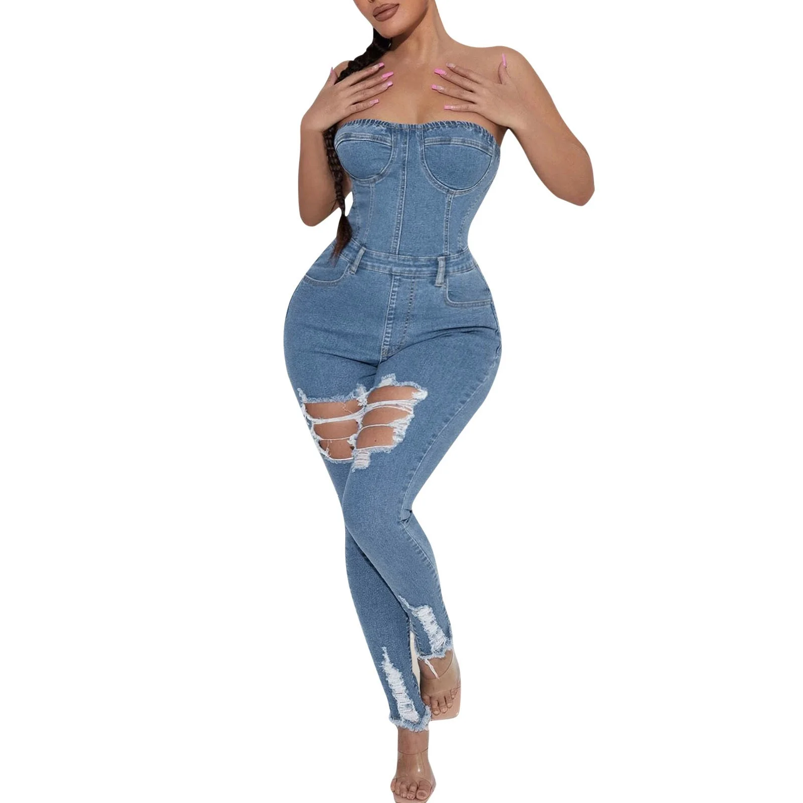 JHLZHS Formal Jumpsuits for Women Border New European and American Casual Fashion Ripped Zipper Bandeau Women's Decorated Denim Jumpsuit Blue M