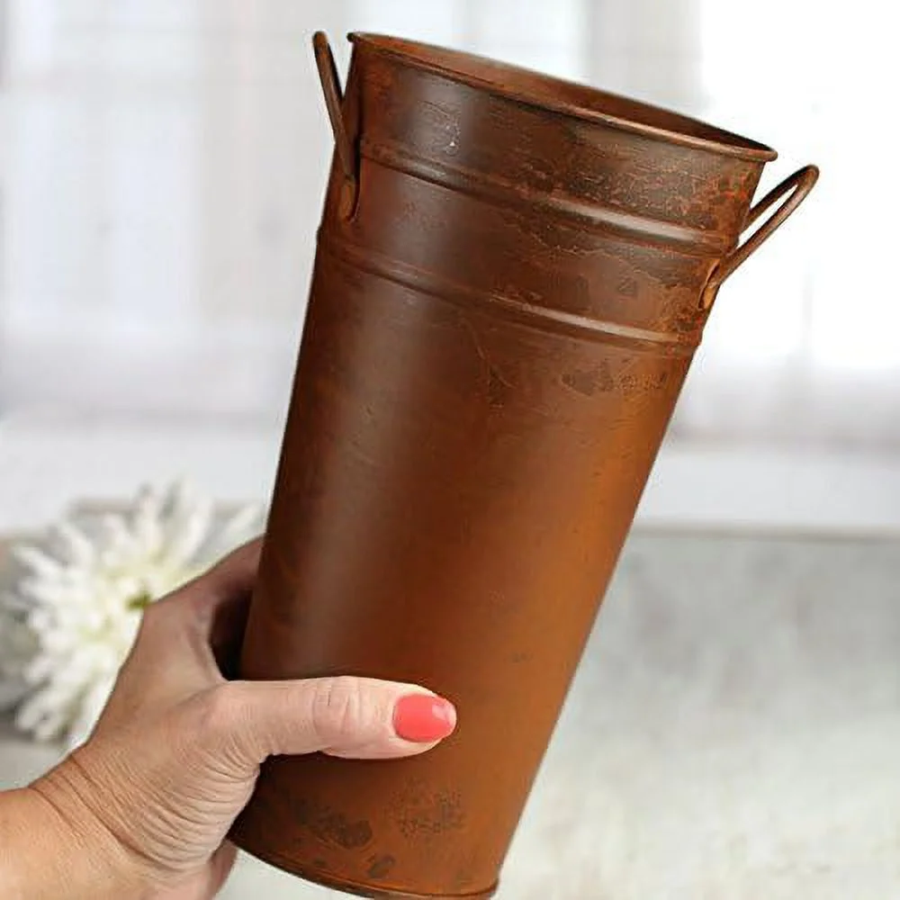French Metal Planter - Rusted Tin Flower Bucket With Handles For Vase Or Decorations (Size: 9