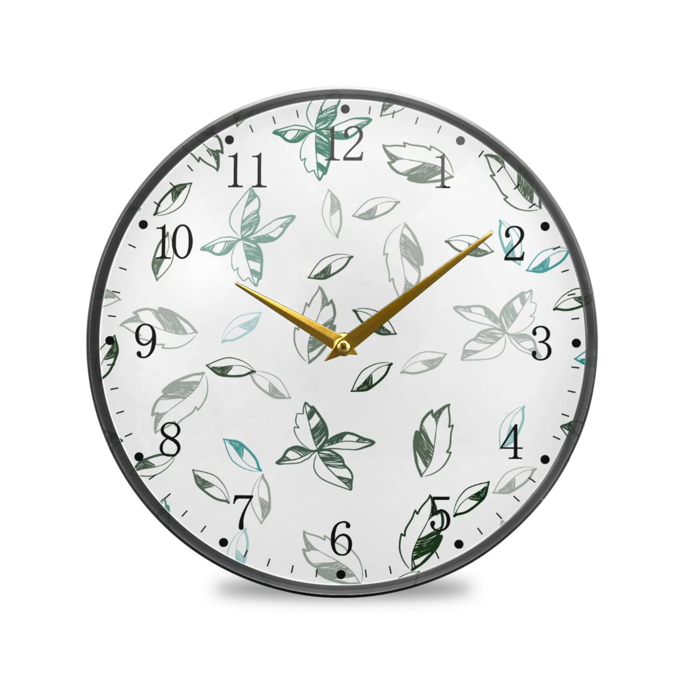 Watercolor Green Leaves Acrylic Wall Clocks Quiet Round Clock Battery Operated Non-Ticking Clock for Bedroom Kitchen Office Decorative 9.5 Inch